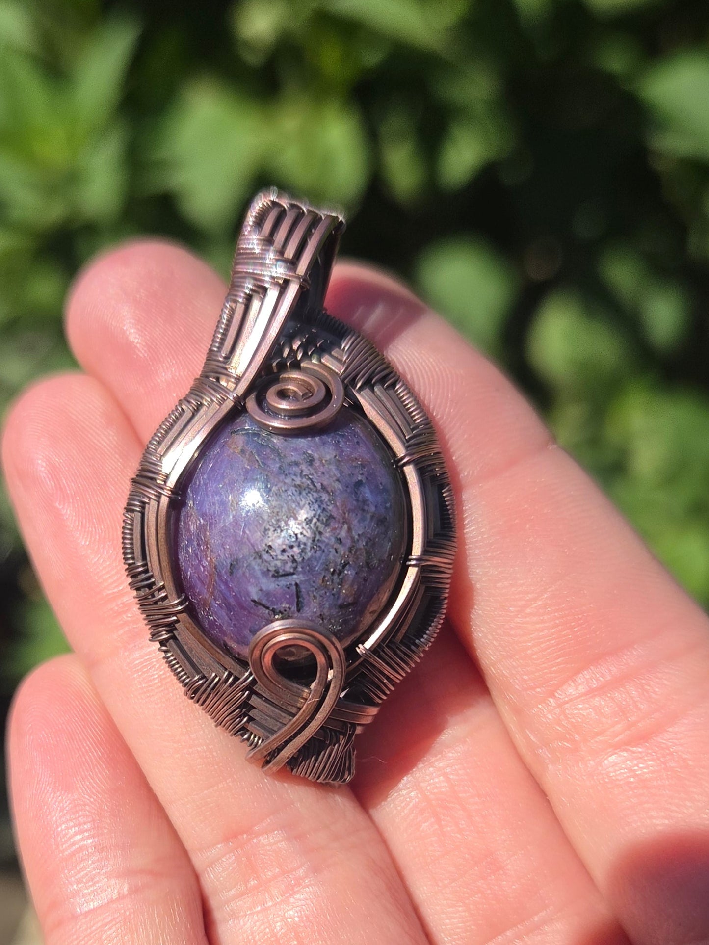 Chatoyant Ruby Cabochon Copper Pendant