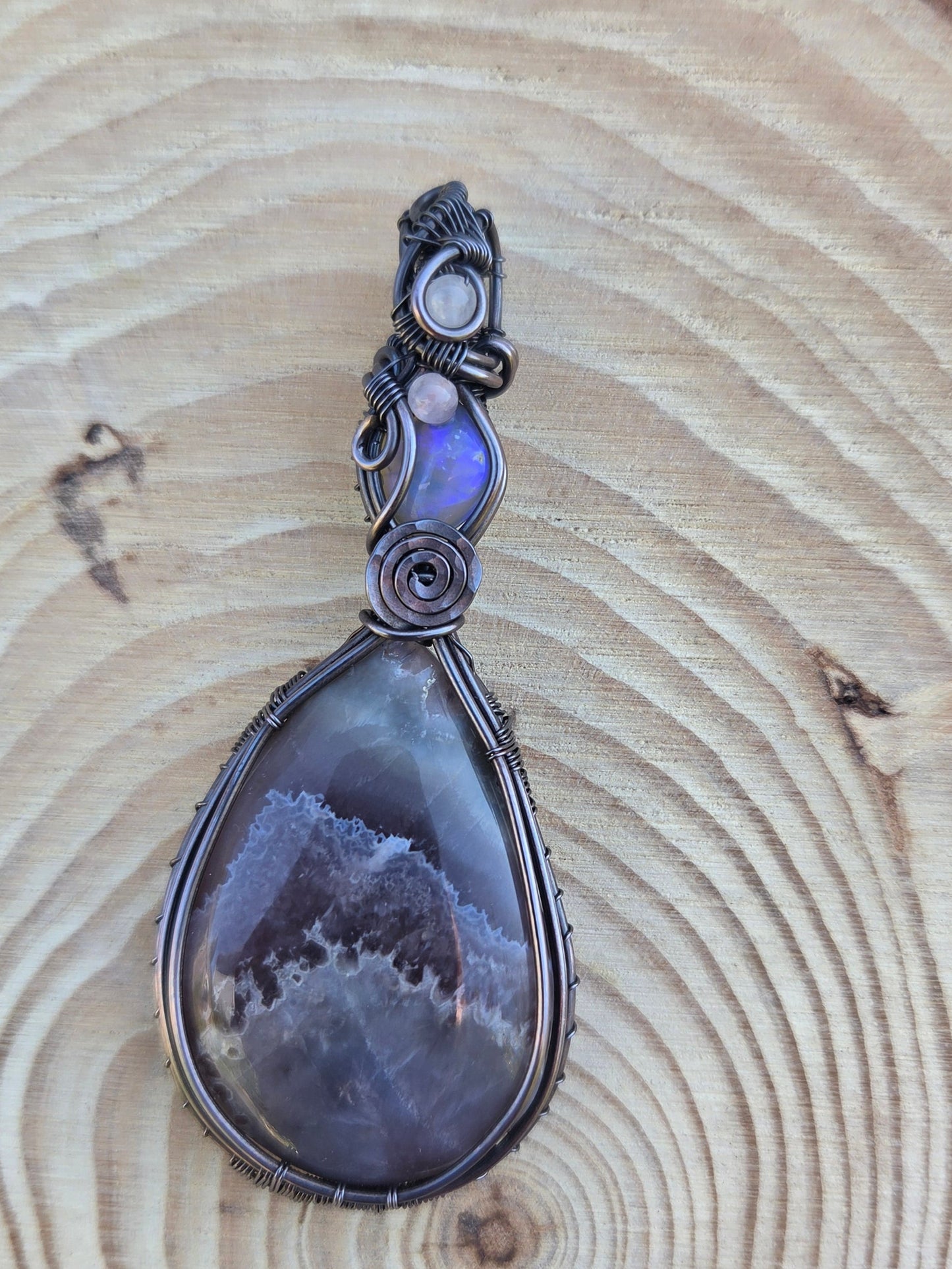 Amethyst Lace Cabochon with Blue Fire Opal and Rose Quartz Accents Pendant