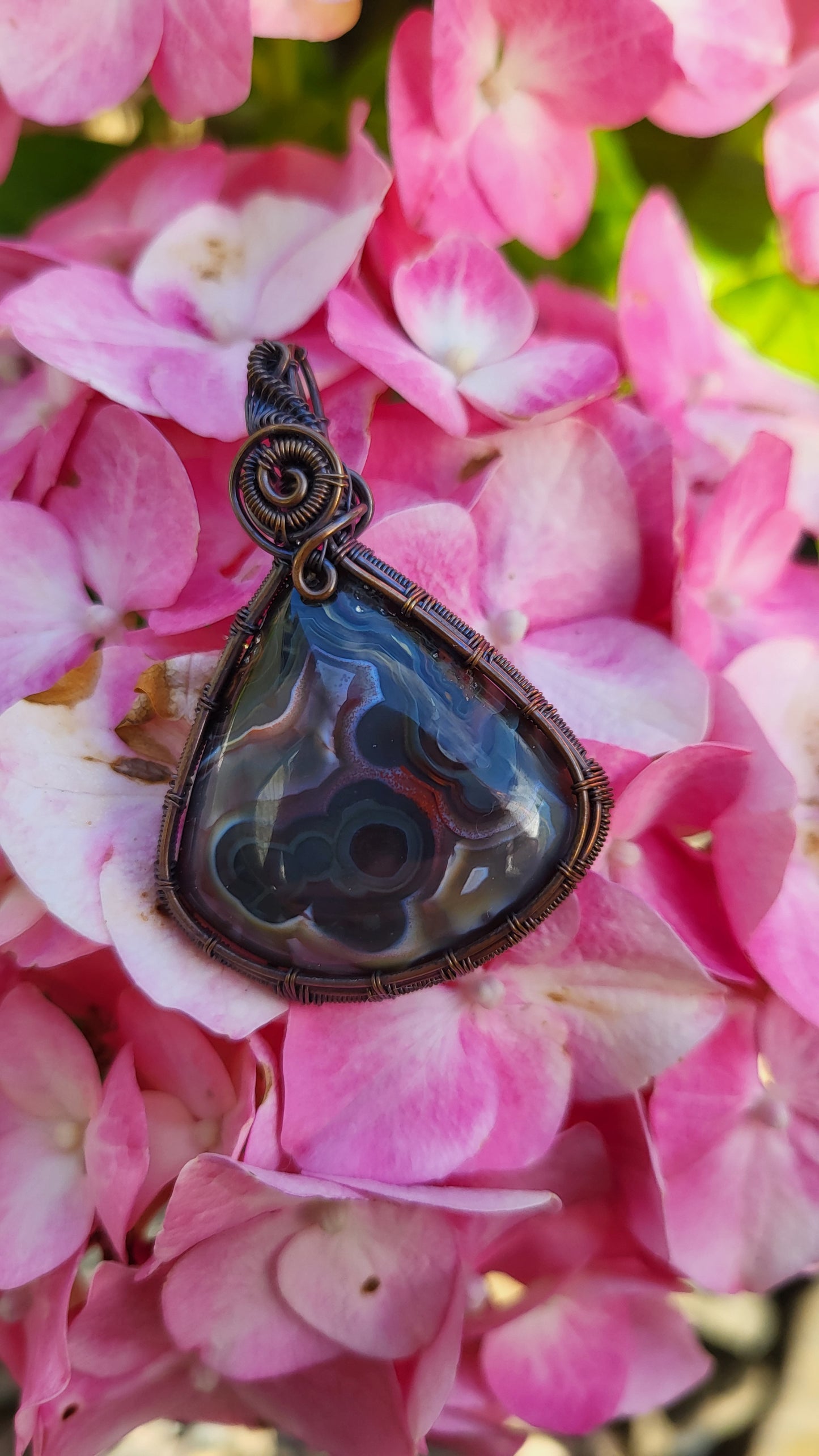 Blue Laguna Lace Agate Copper Wire Wrapped Pendant