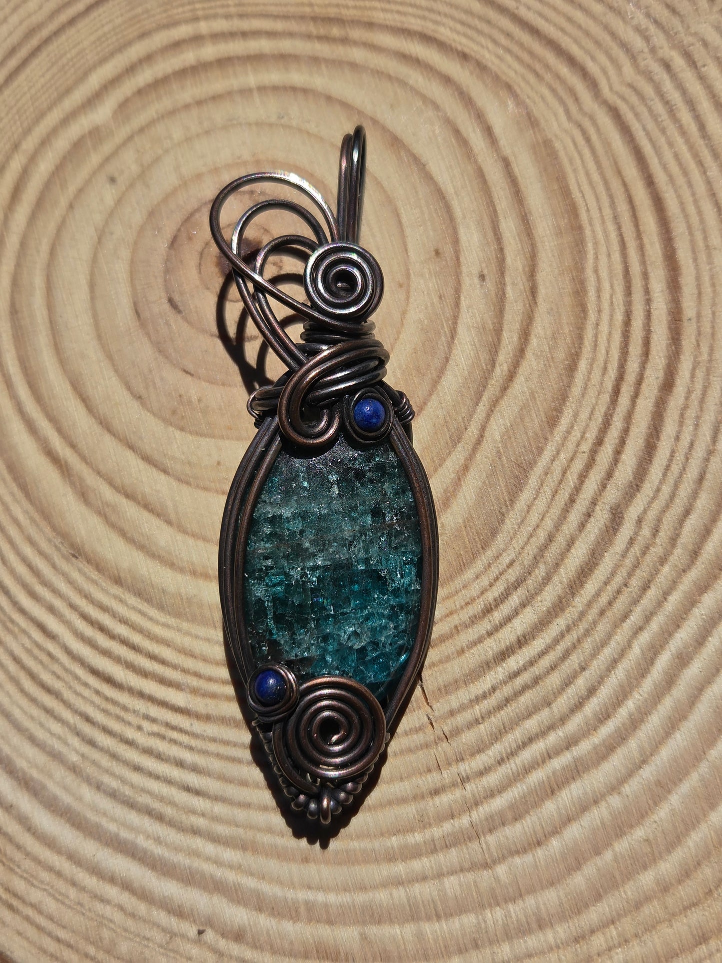 Blue Apatite Copper Wire Wrap Pendant with Lapis Lazuli Accents