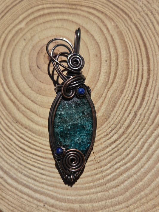 Blue Apatite Copper Wire Wrap Pendant with Lapis Lazuli Accents