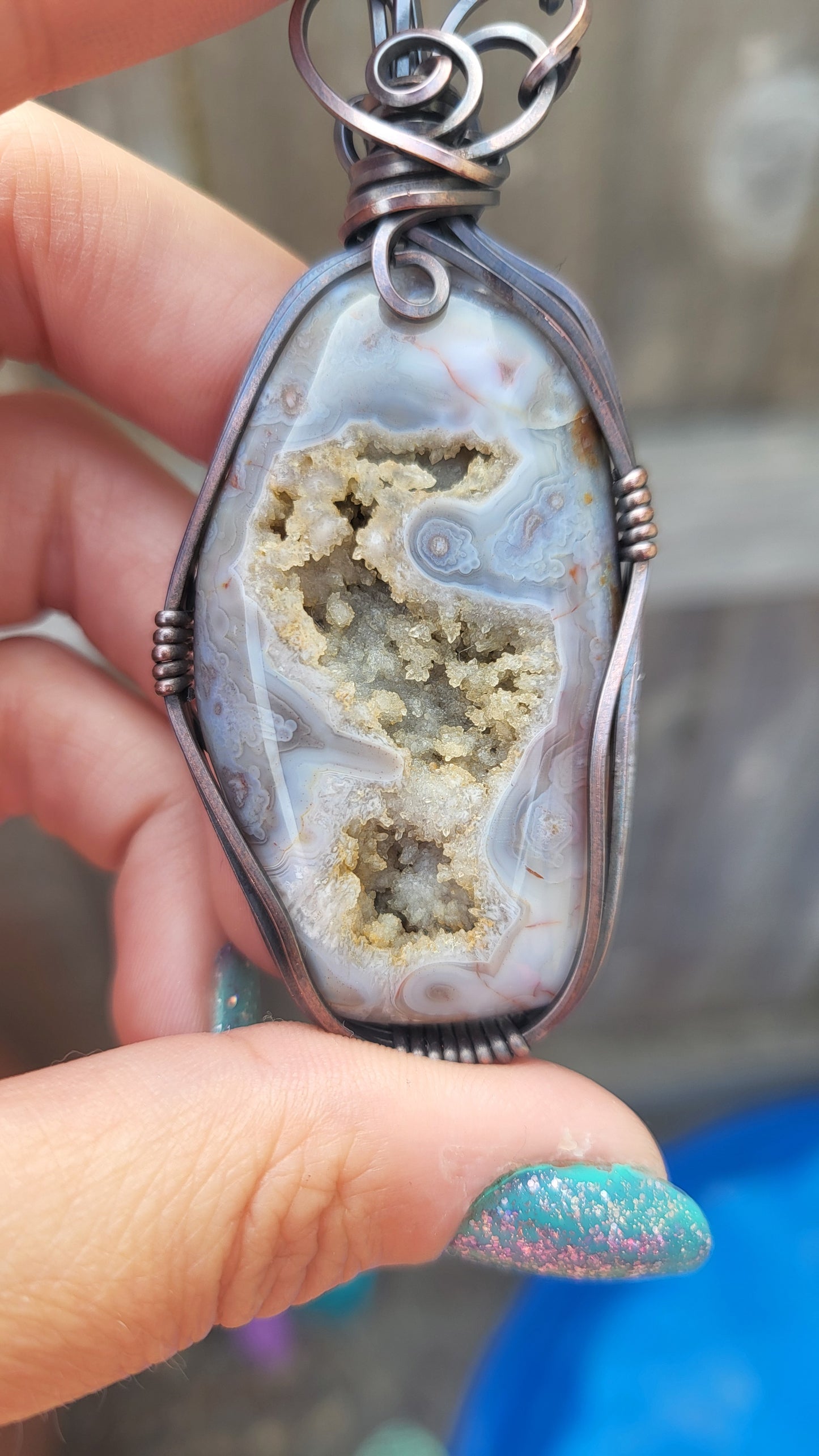 Agate w/ Druzy Crystals Copper Wire Wrap Pendant