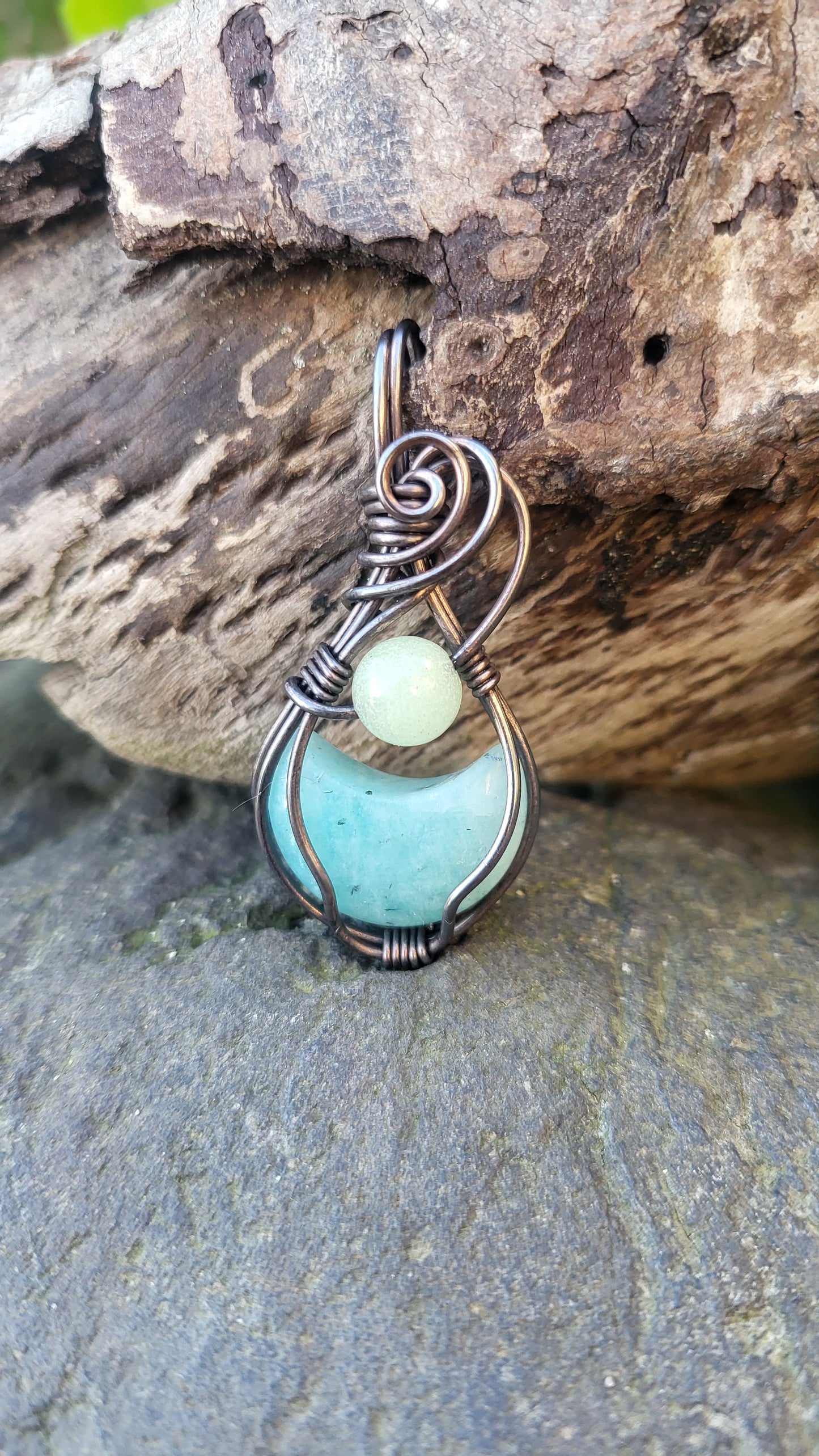 Amazonite Crescent Moon w/ Green Glow Stone Pendant Necklace