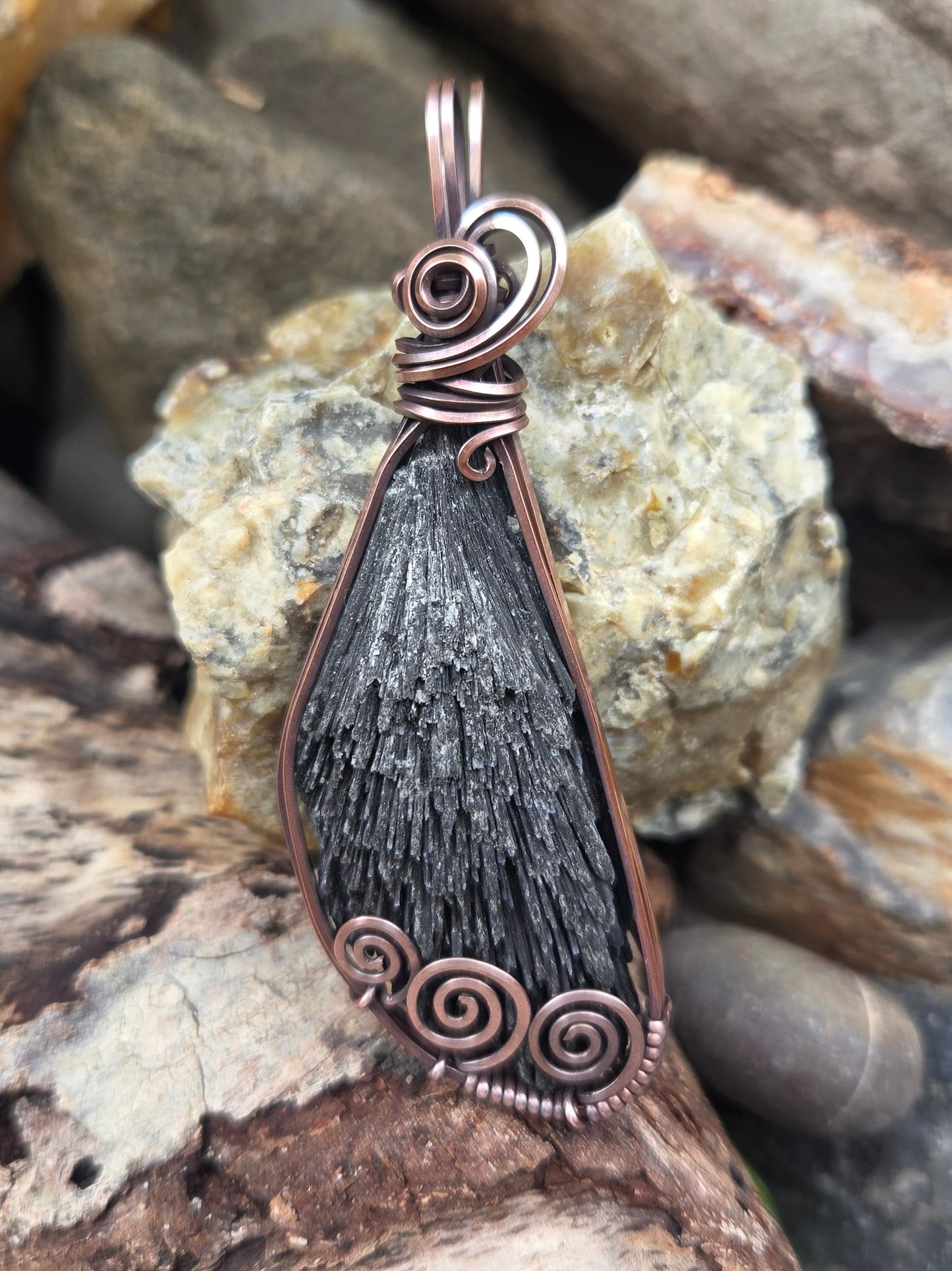 Black Kyanite Blade Copper Wire Wrap Pendant