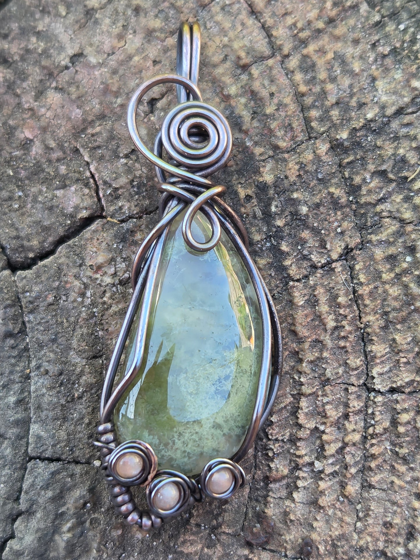 Moss Agate Copper Wire Wrap Pendant w/ Sunstone Accents