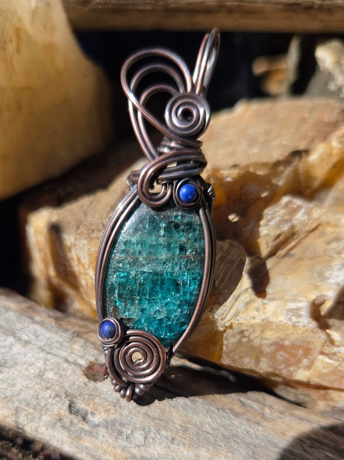 Blue Apatite Copper Wire Wrap Pendant with Lapis Lazuli Accents