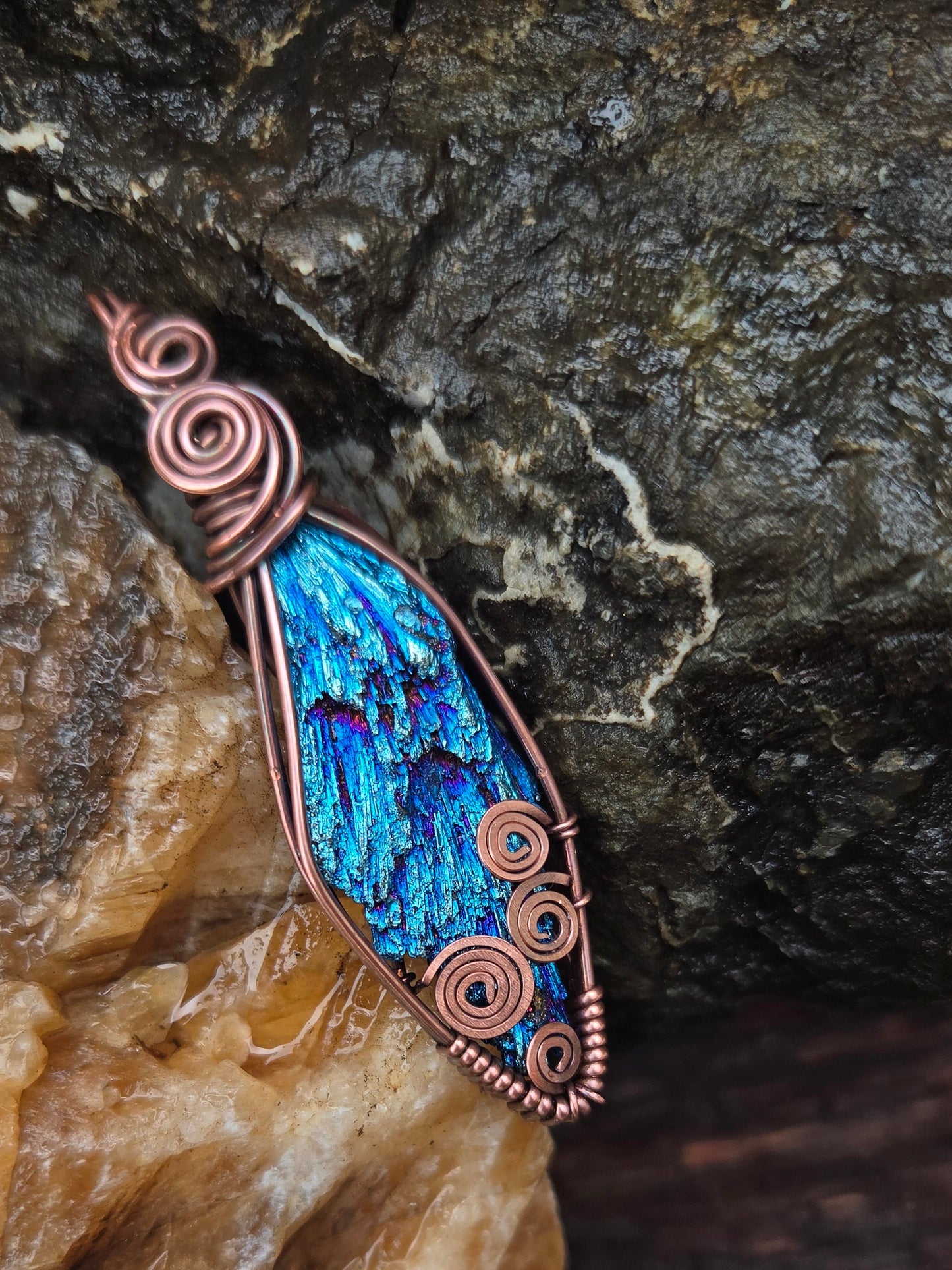 Blue Titanium Aura Kyanite Blade Copper Wire Wrap Pendant