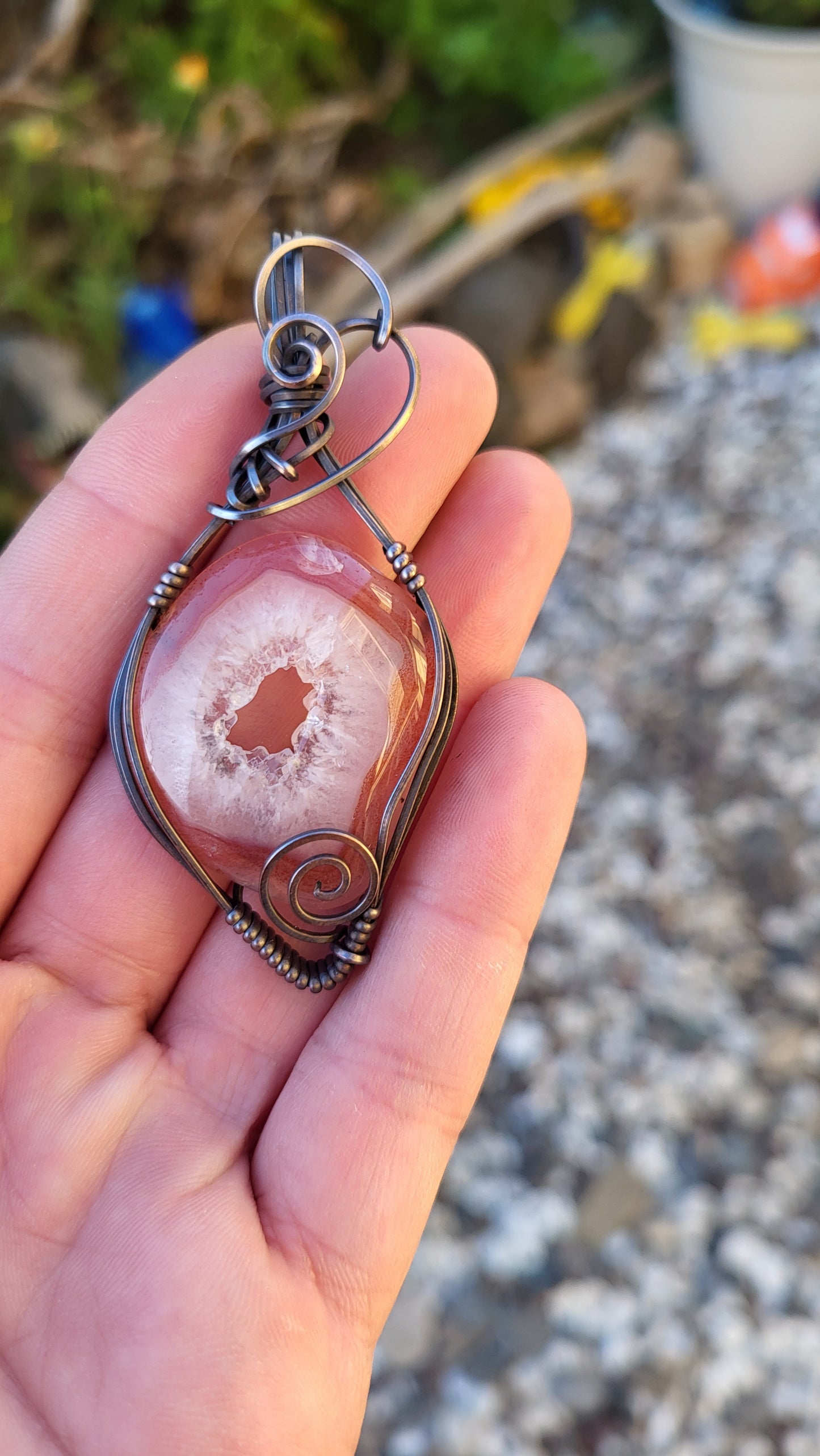 Malawi Agate w/ Druzy Copper Wire Wrap Pendant