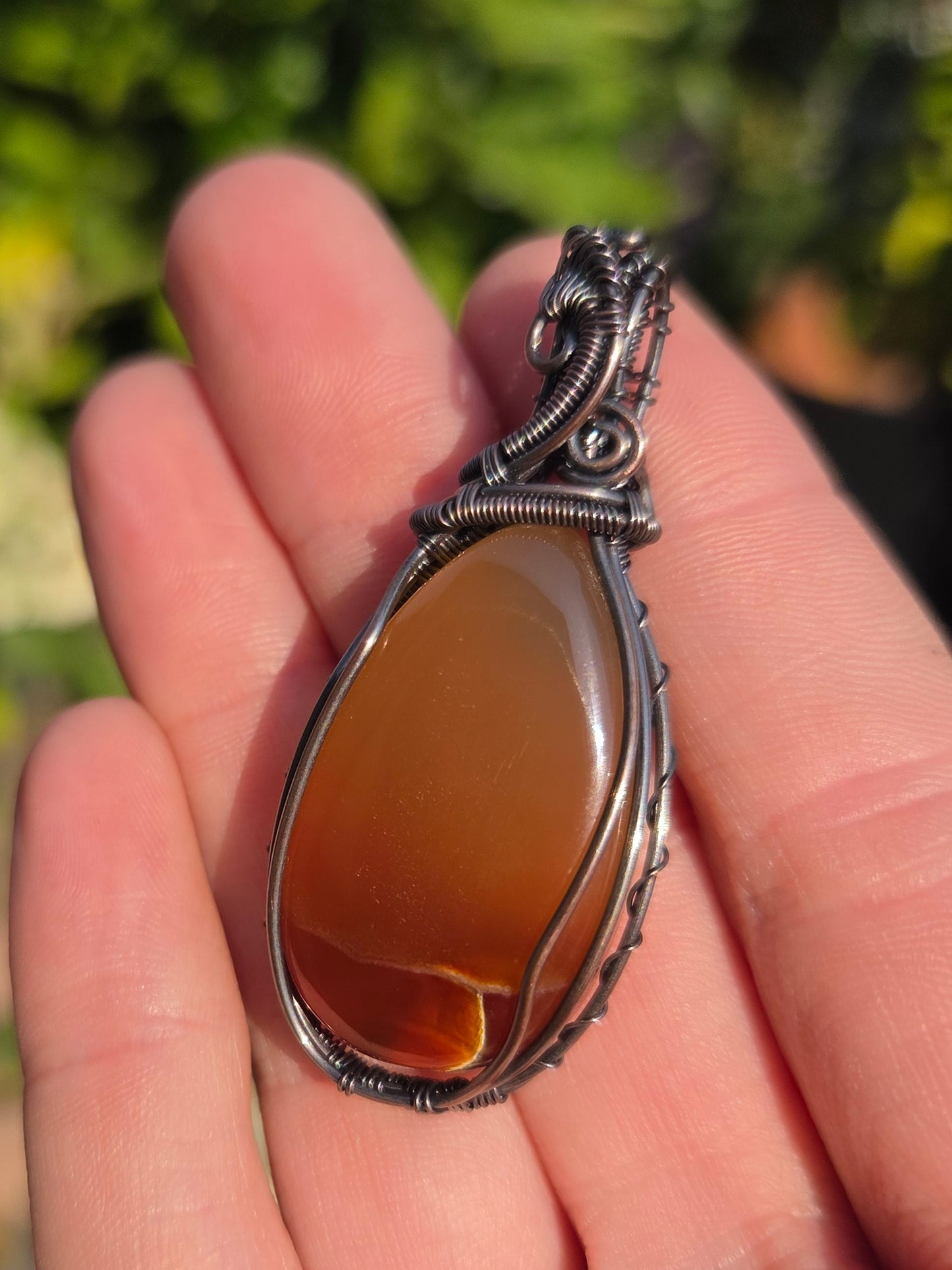 Handcrafted Oxidized Copper Pendant Featuring Carnelian Agate Cabochon Centerpiece