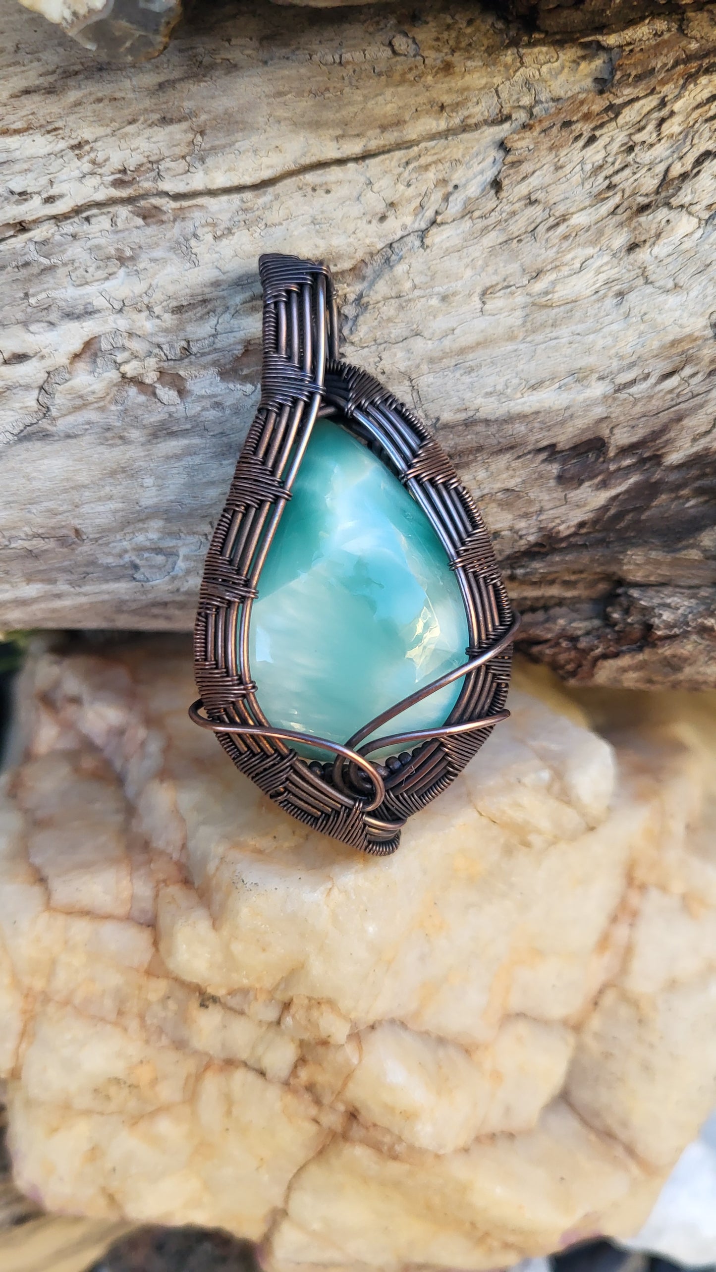 Hemimorphite Cabochon Copper Wire Wrap Pendant