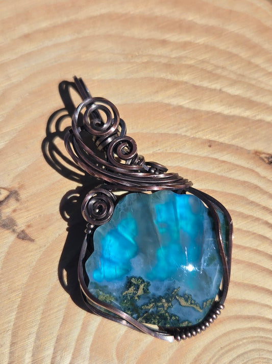 Moss Agate Seashell Aurora Opal Doublet Pendant