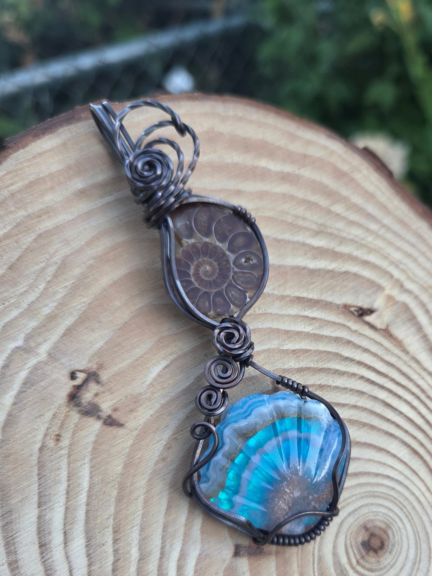 Ammonite Fossil & Plume Agate Aurora Opal Seashell Shaped Doublet Totem Pendant