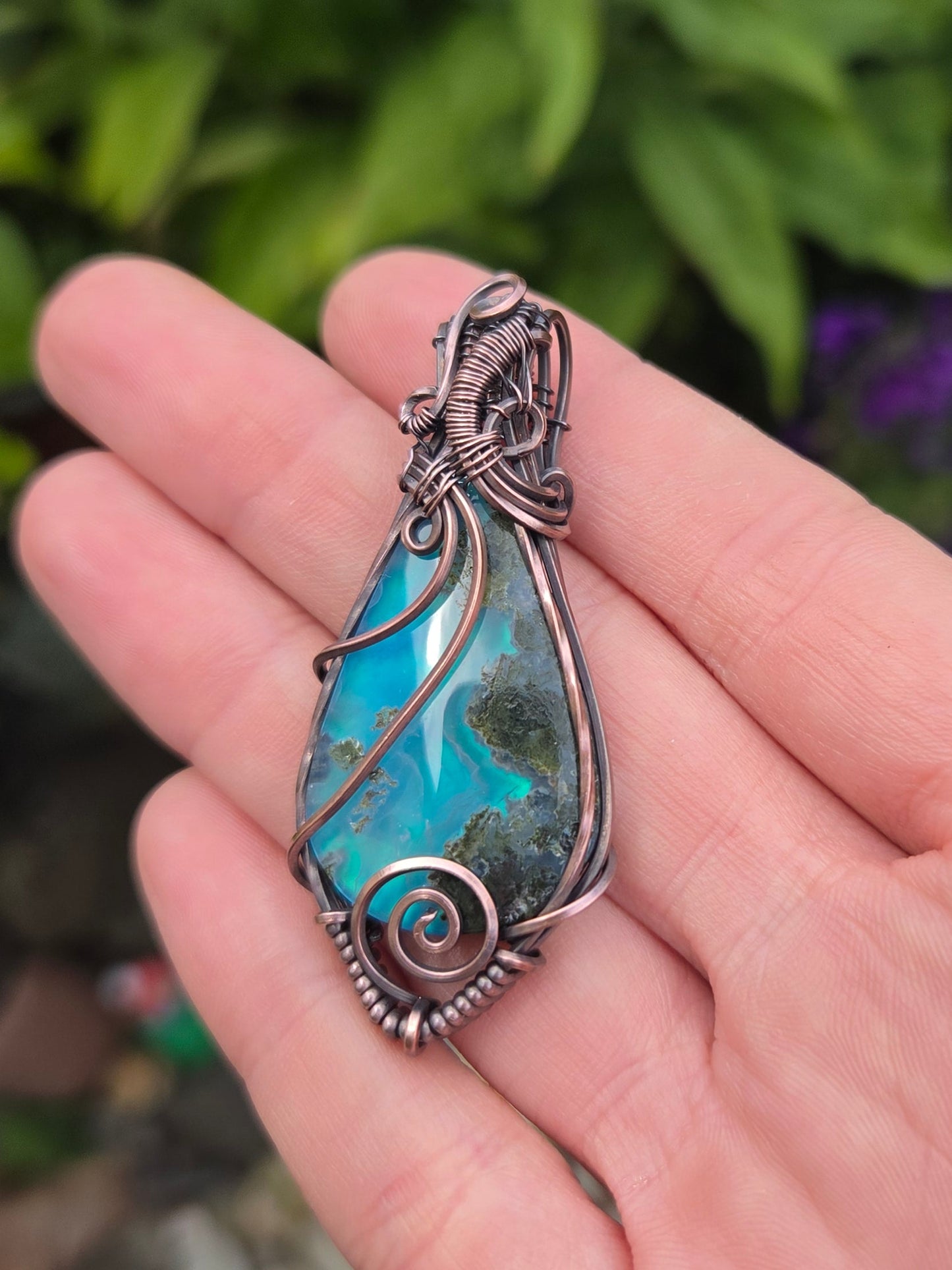 Moss Agate Aurora Opal Doublet Copper Pendant