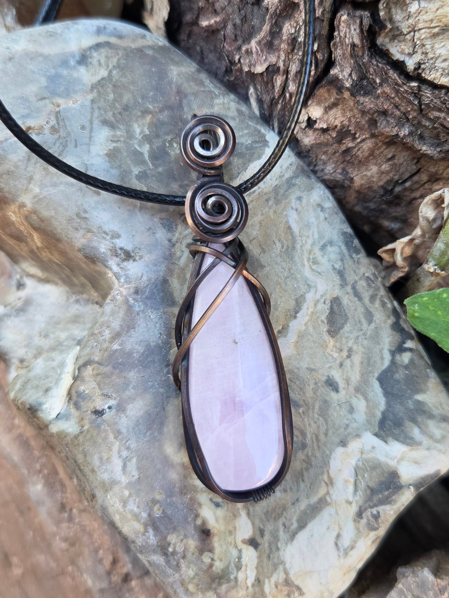 Oxidized Square Copper Wire Wrap Pendant Featuring Kunzite
