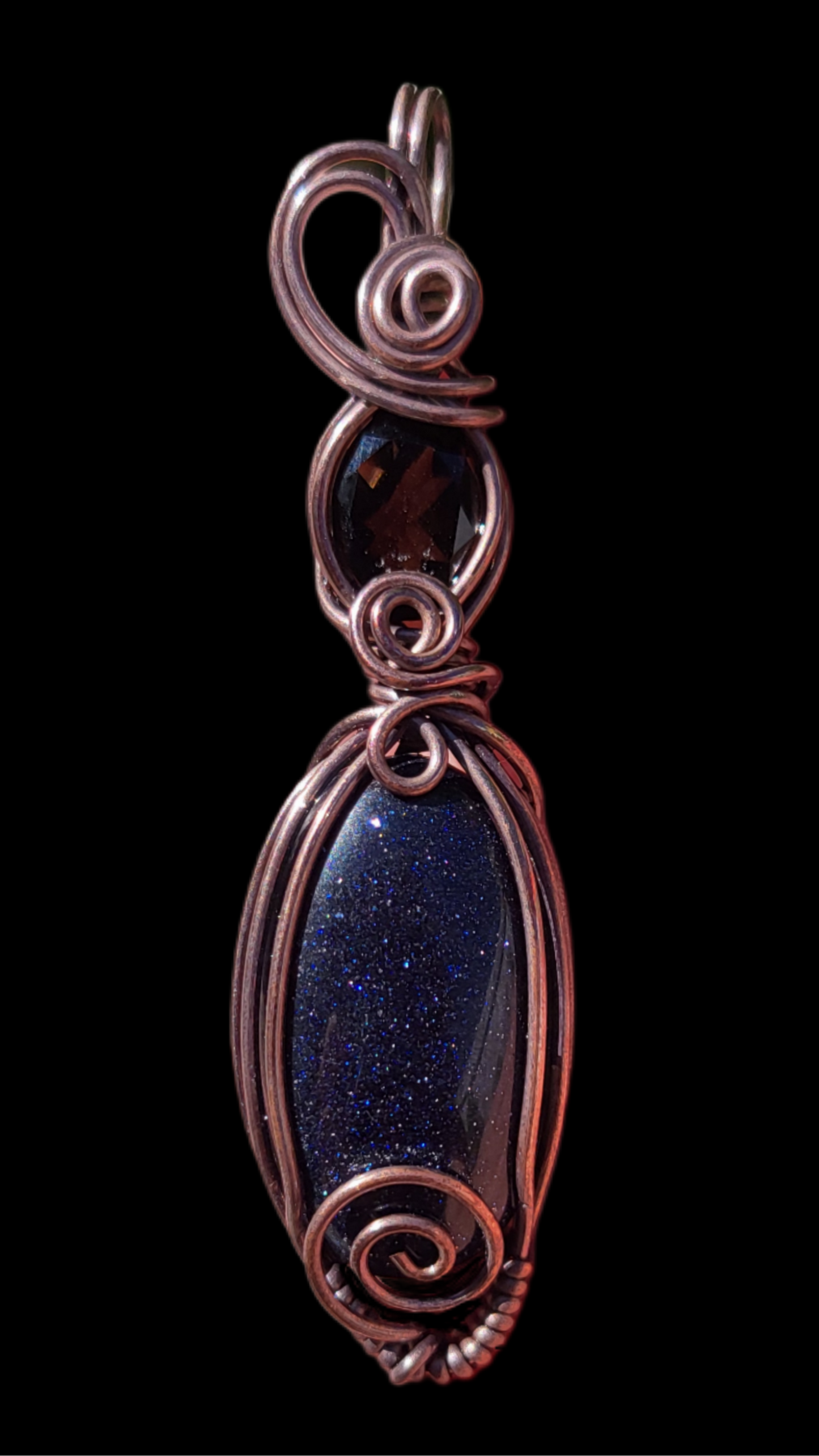 Smoky Quartz & Blue Goldstone Copper Wire Wrap Pendant