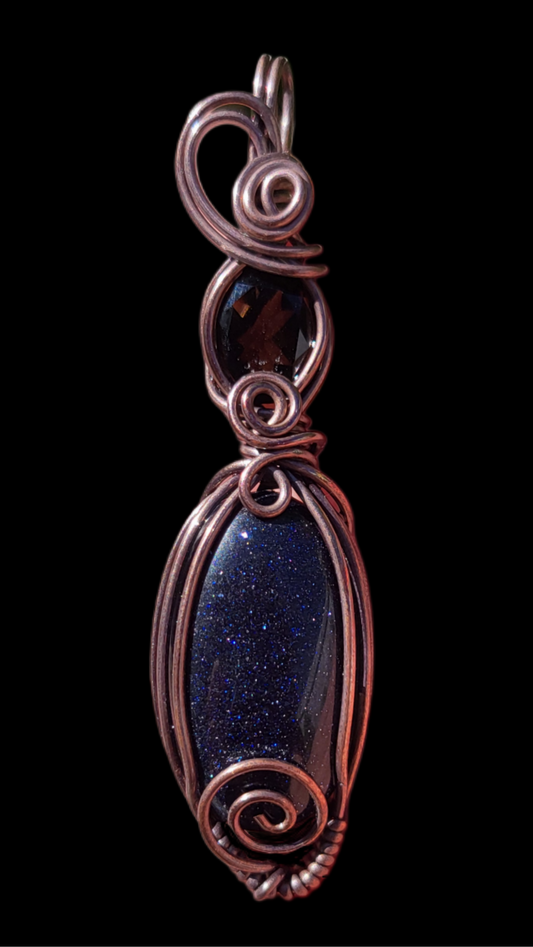 Smoky Quartz & Blue Goldstone Copper Wire Wrap Pendant