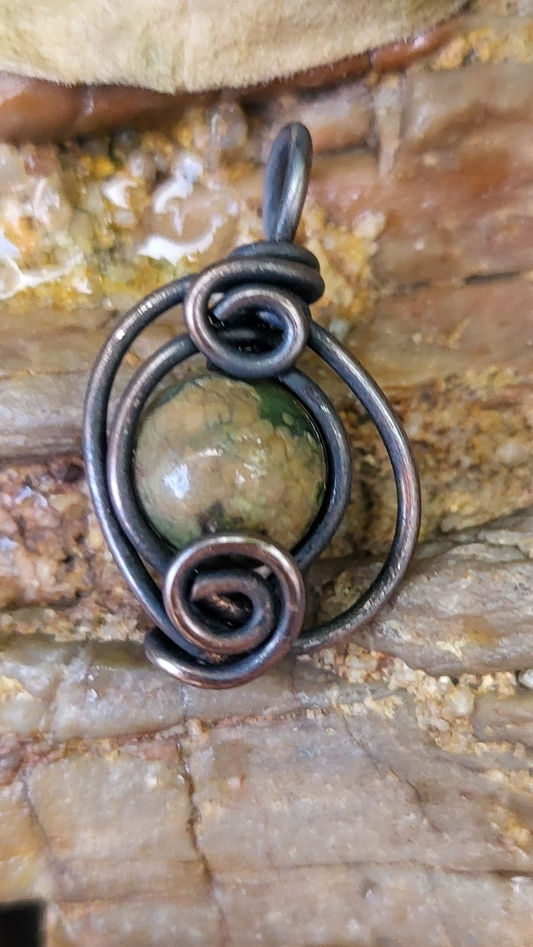 Rainforest Jasper Bead Copper Wire Wrap Pendant