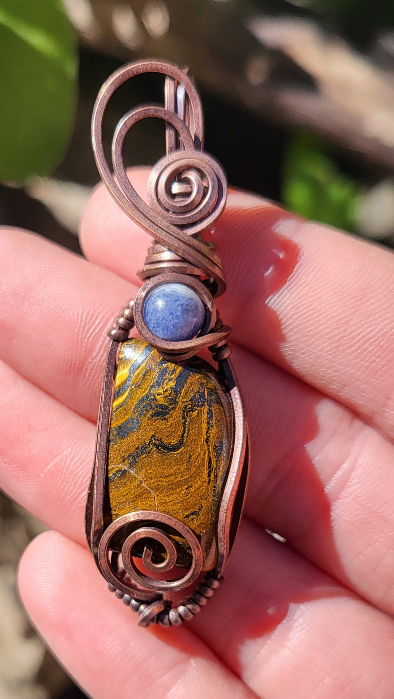 Tigers Eye w/ Sodalite Copper Wire Wrap Pendant
