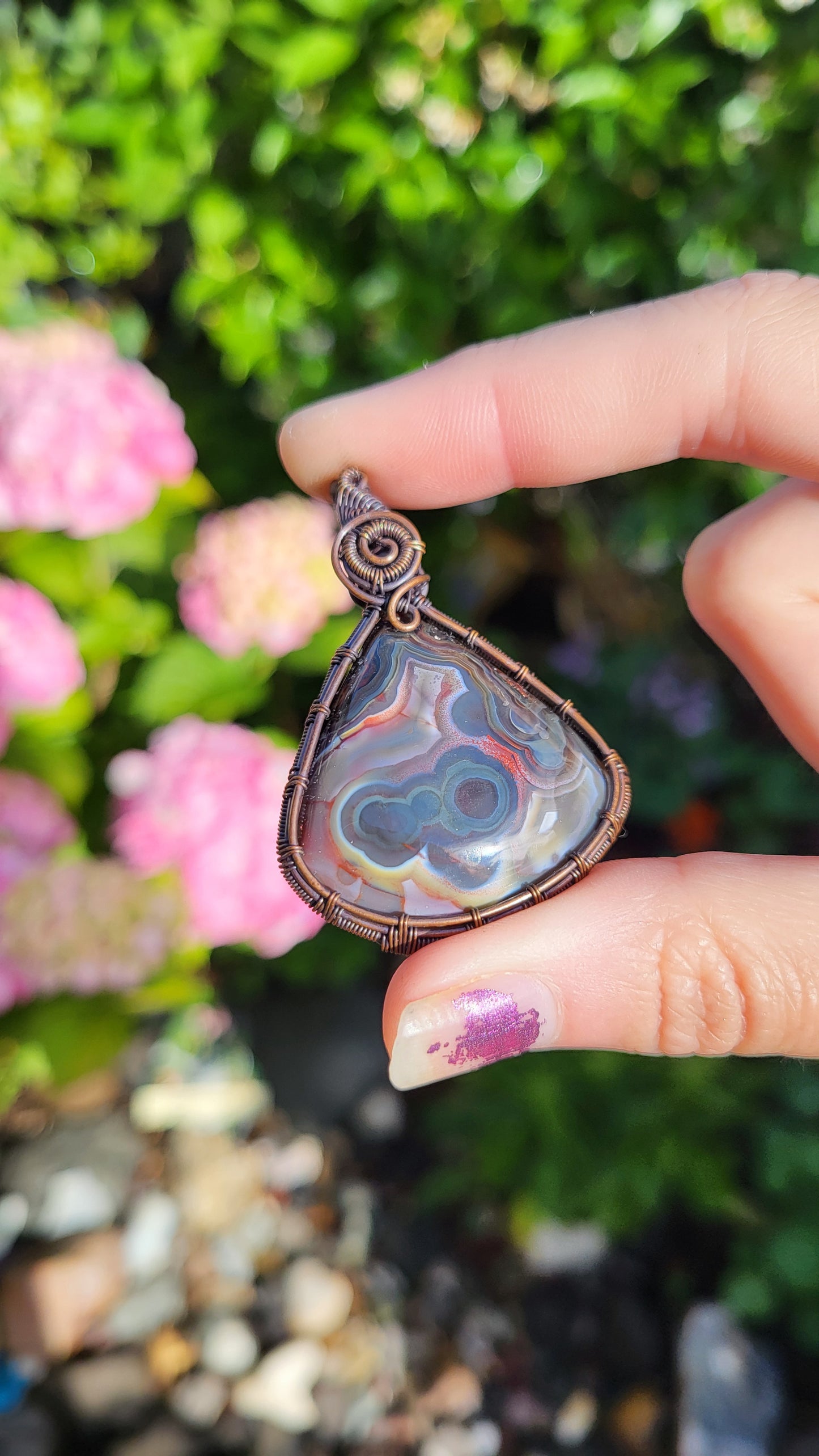 Blue Laguna Lace Agate Copper Wire Wrapped Pendant