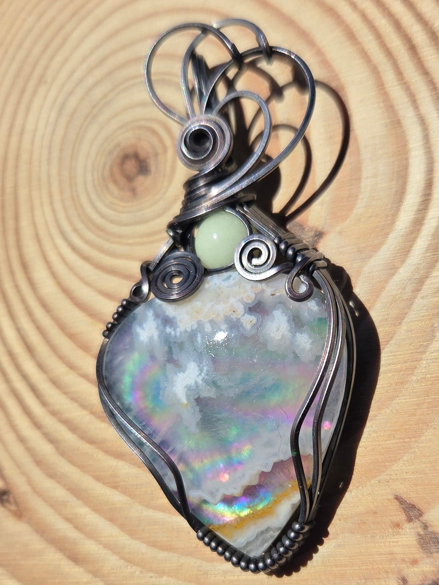 Plume Agate/ Rainbow Aurora Opal Doublet Pendant
