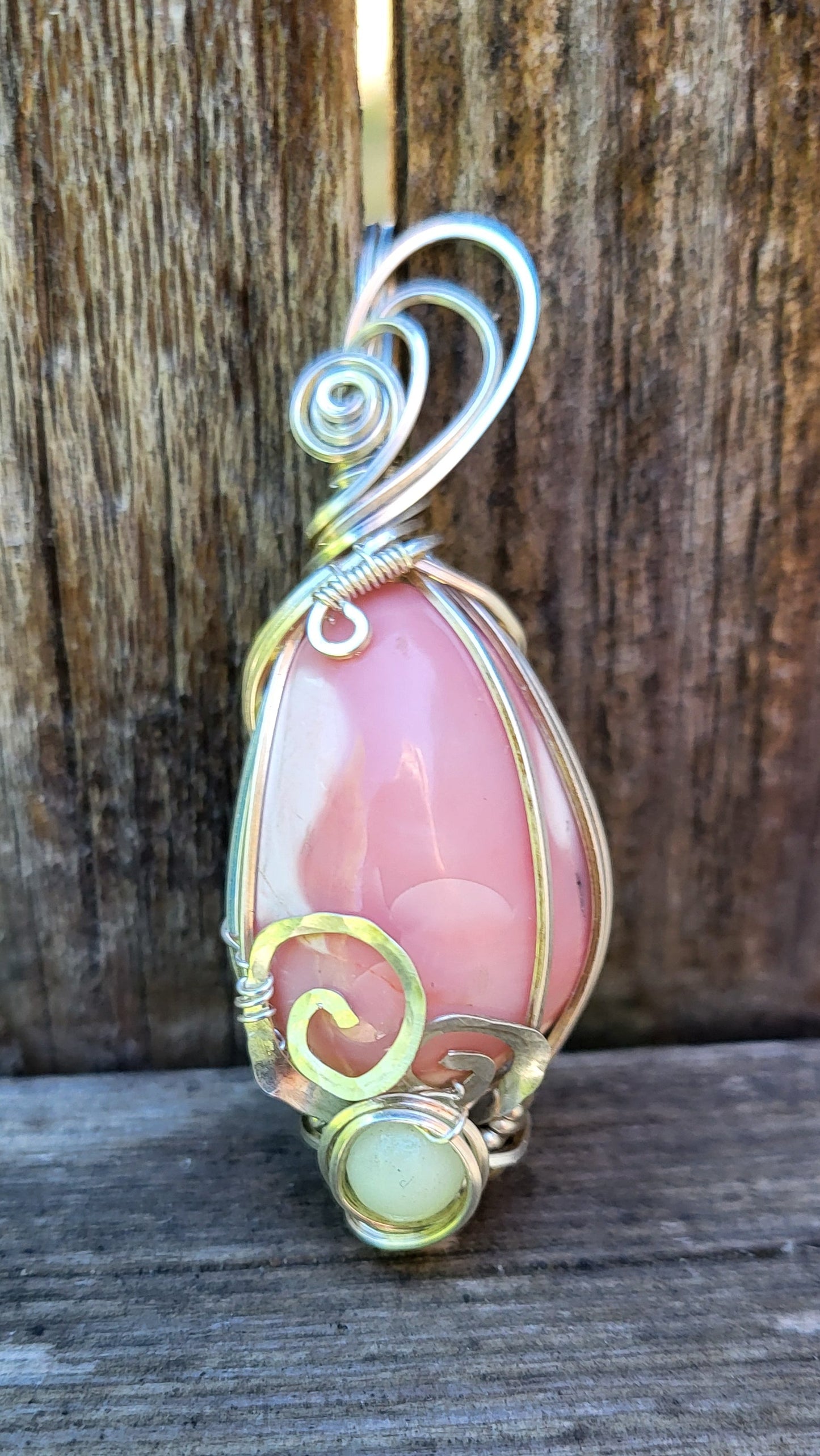 Oregon Pink Opal Glow Stone / .925 Sterling Silver Wire Wrap Pendant