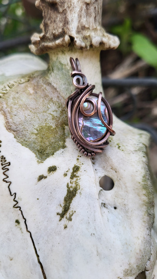 Abalone Shell Oxidized Copper Wire Wrap Pendant