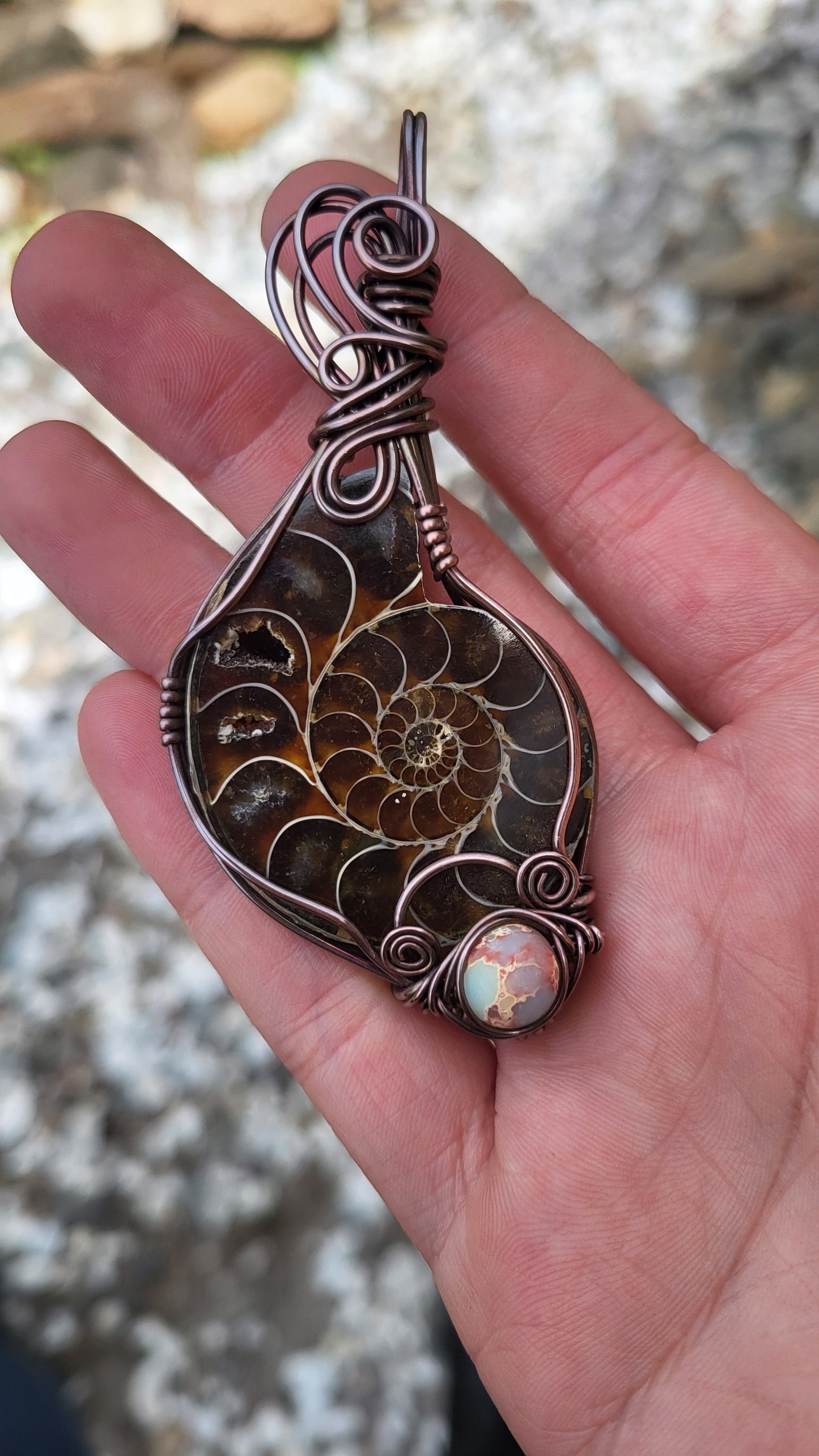 Ammonite Fossil w Shoushan Stone Accent Copper Wire Wrap Pendant