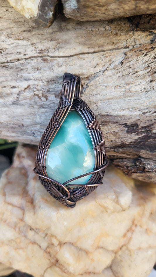 Hemimorphite Cabochon Copper Wire Wrap Pendant
