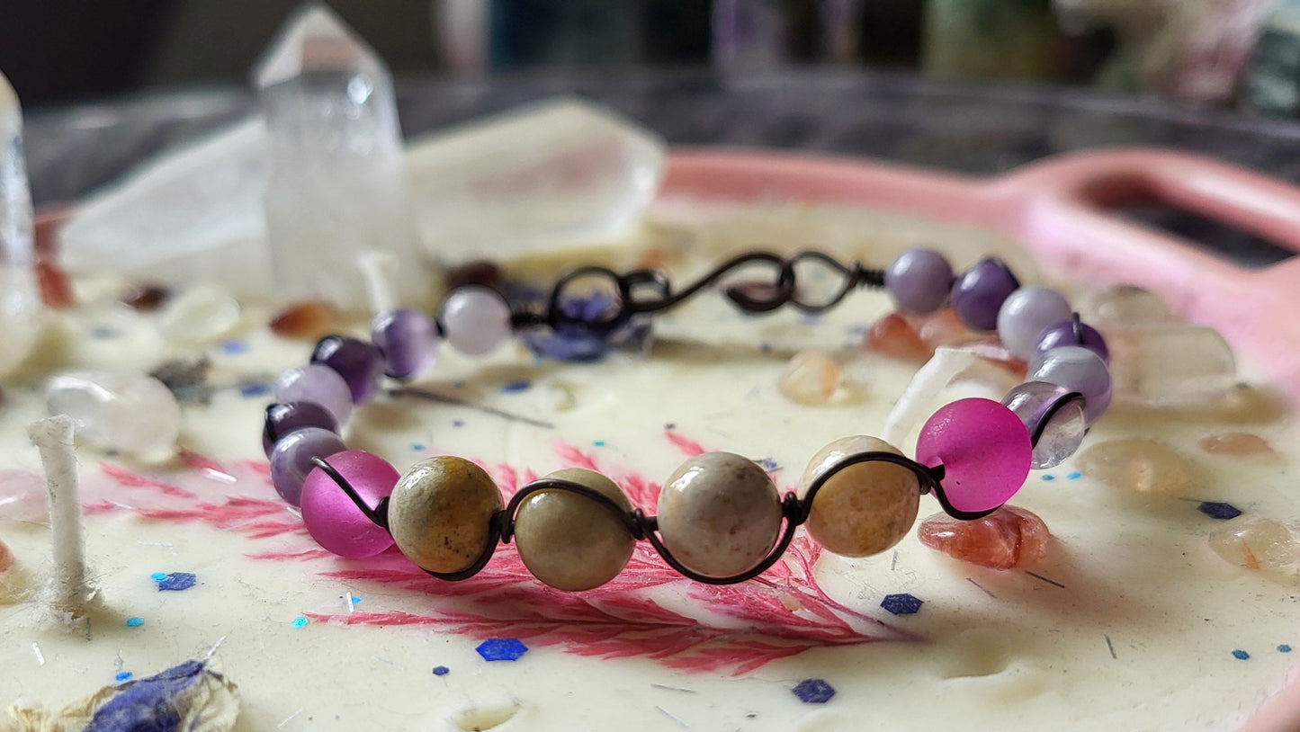 Copper Wire Wrap Stone Bead Bracelet Sz 6.5