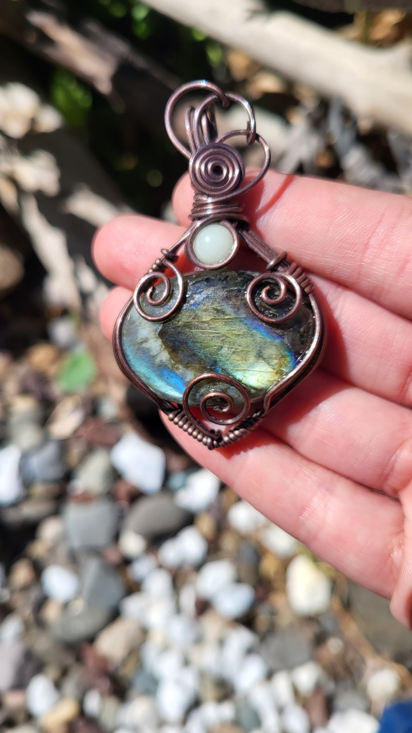 Labradorite w/ Glow Stone Copper Wire Wrap Pendant