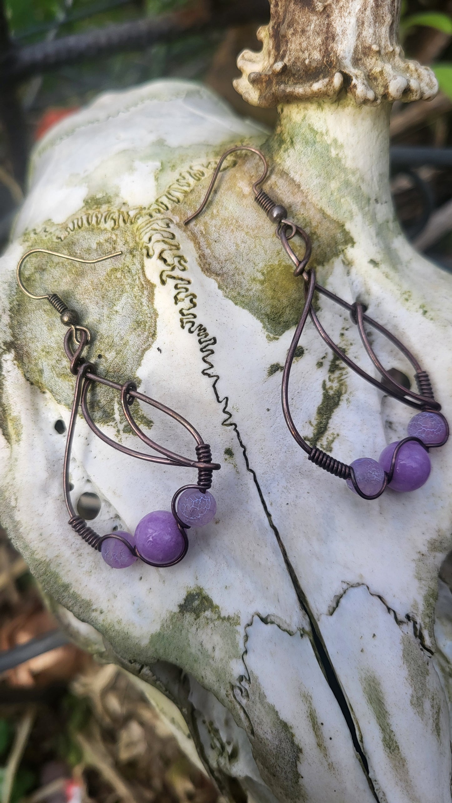 Persian Jade & Purple Agate Oxidized Copper Wire Wrap Earrings