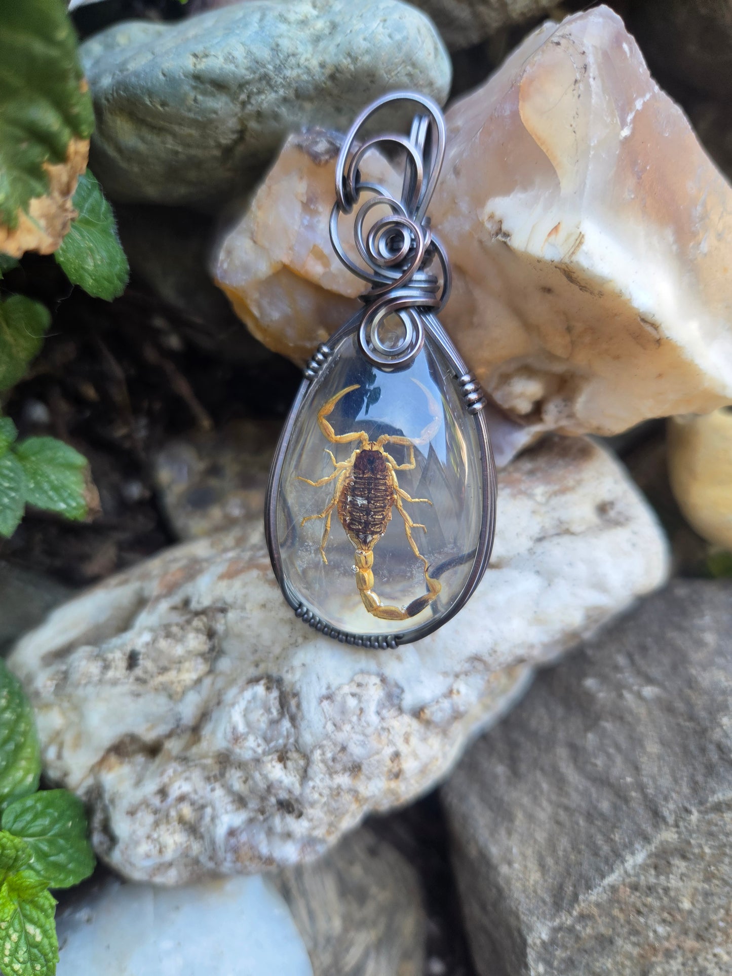Handcrafted Oxidized Copper Wire Wrap Pendant w/ Resin Scorpion Cabochon