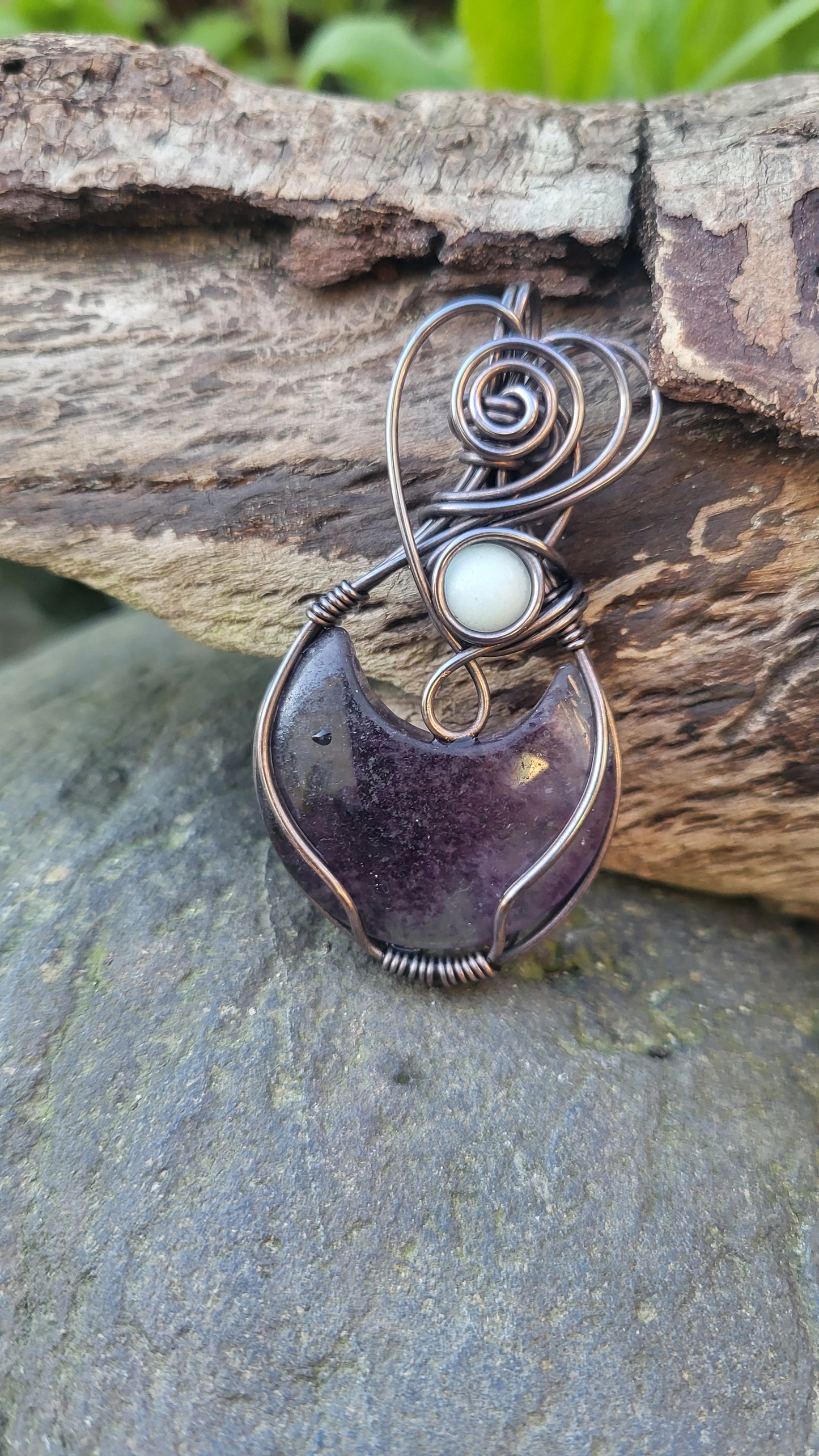 Fluorite Moon Pendant w/ Blue Glow Stone