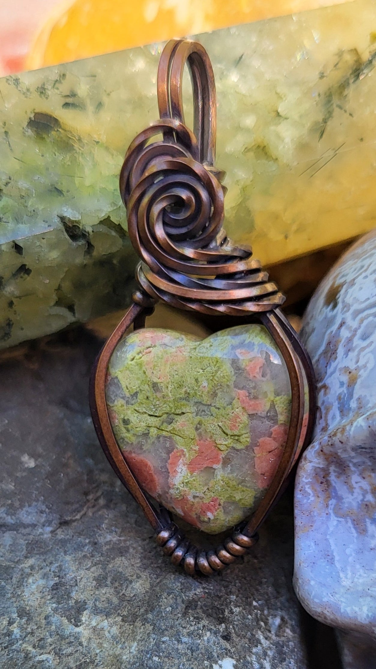 Unakite Jasper Heart Copper Wire Wrap Pendant