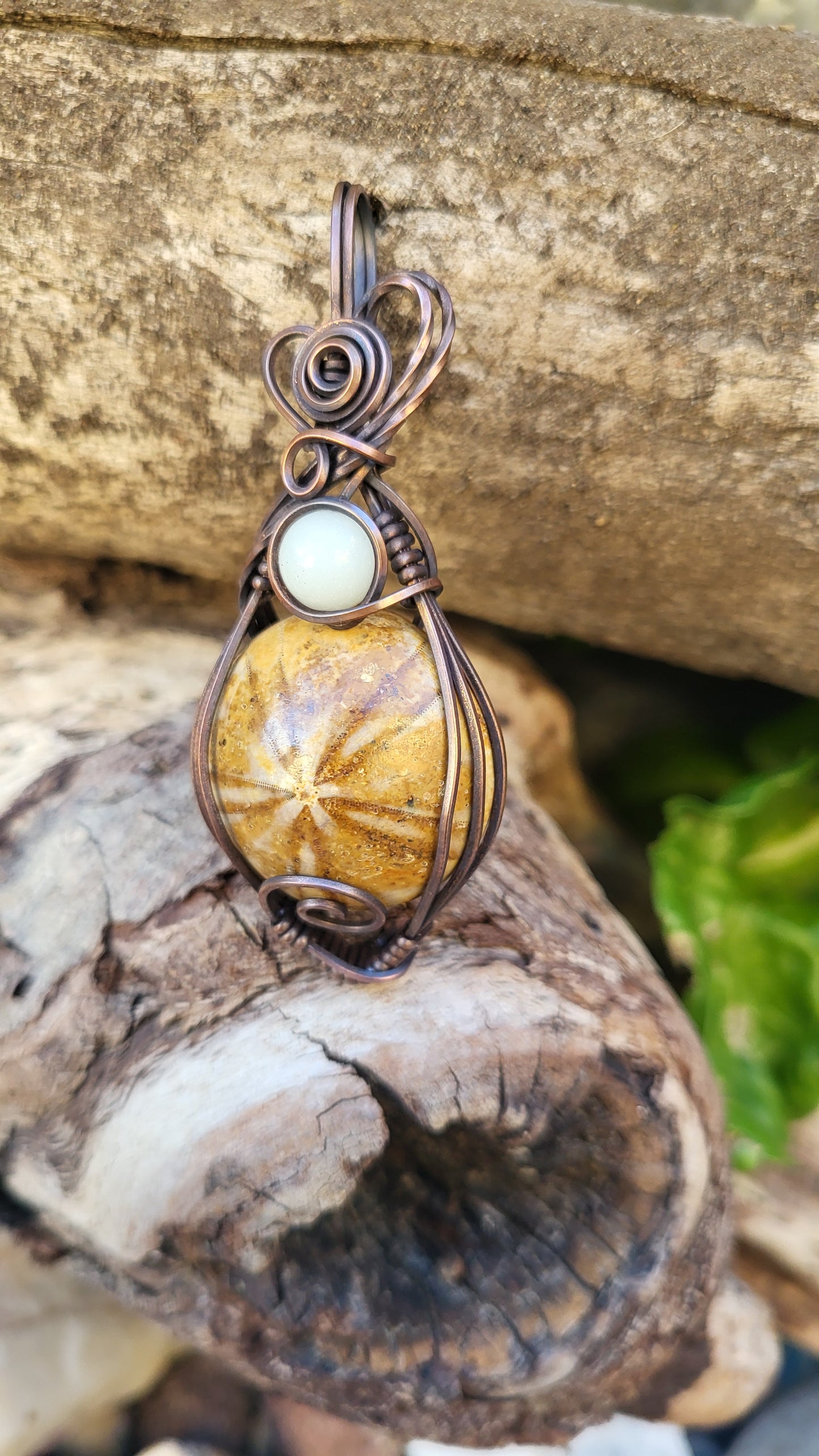 Fossilized Sand Dollar w/ Blue Glow Stone Accent Copper Wire Wrap Pendant