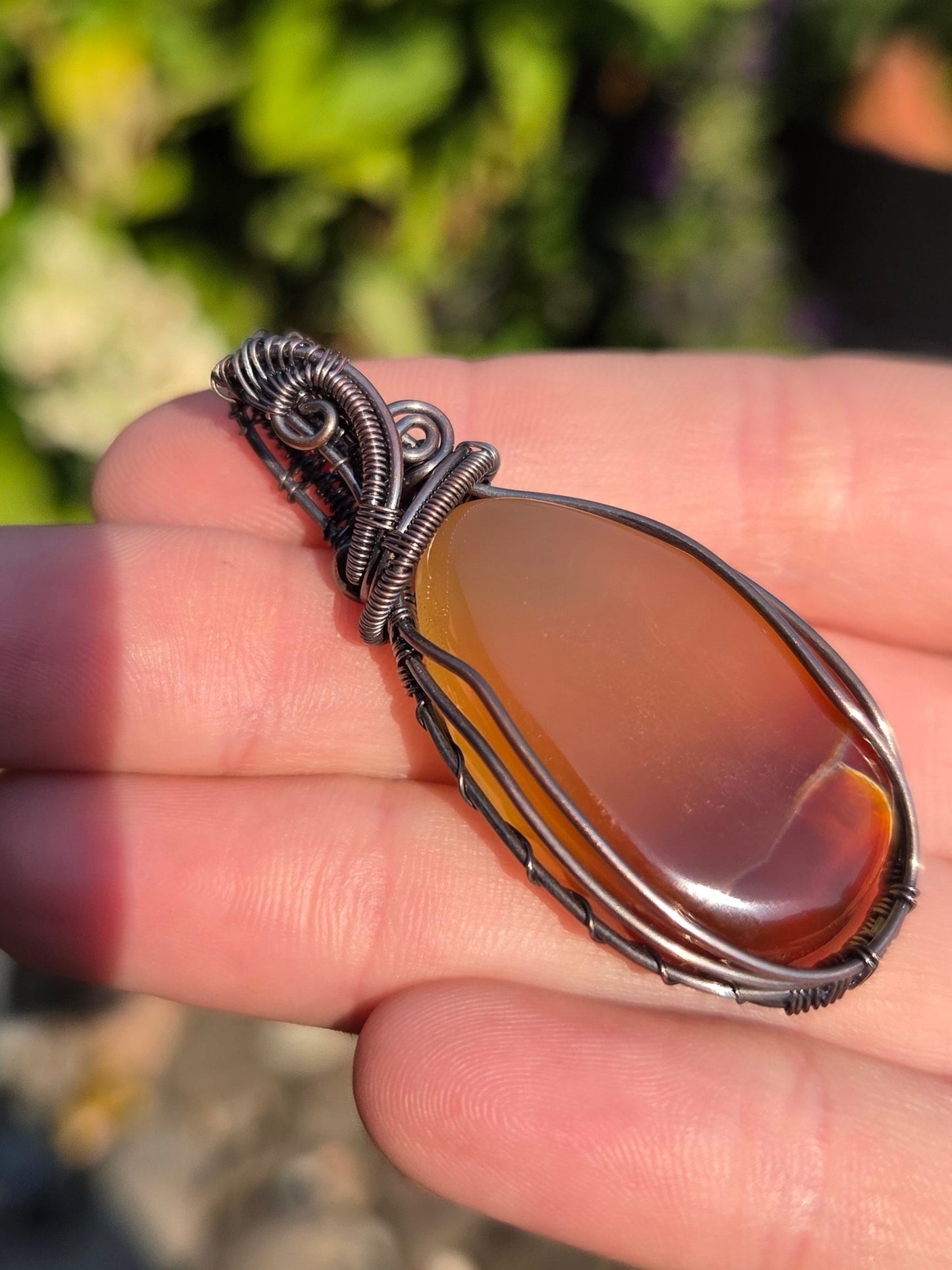 Handcrafted Oxidized Copper Pendant Featuring Carnelian Agate Cabochon Centerpiece