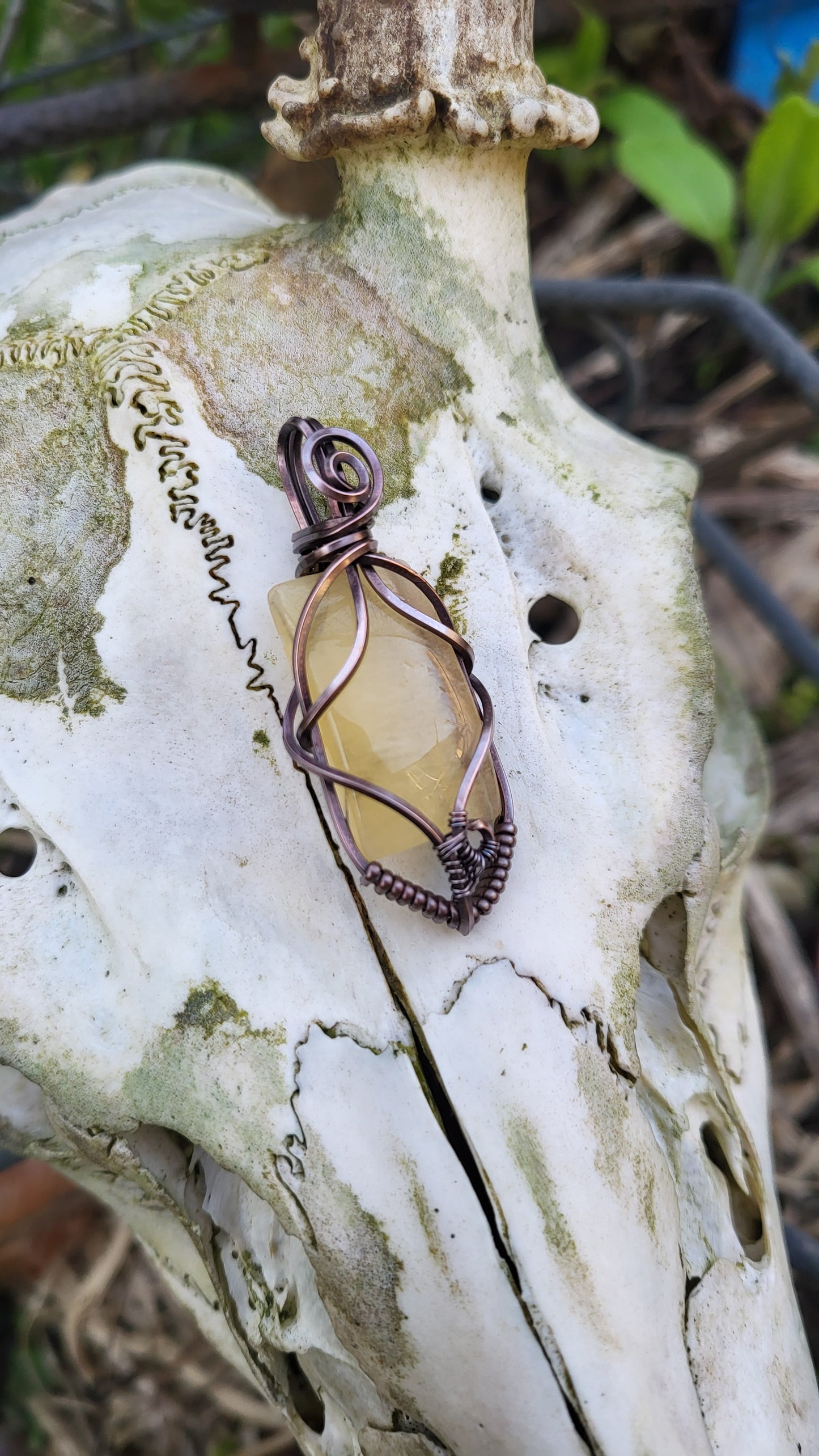 Yellow Fluorite Oxidized Copper Wire Wrap Pendant