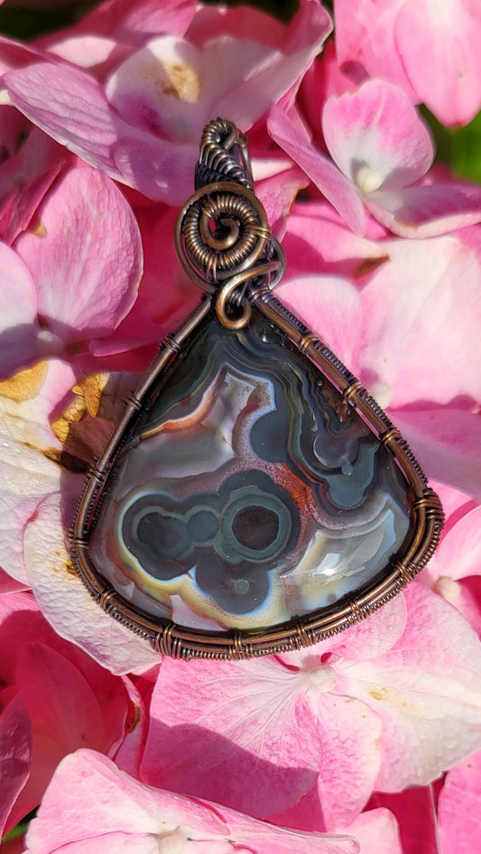 Blue Laguna Lace Agate Copper Wire Wrapped Pendant