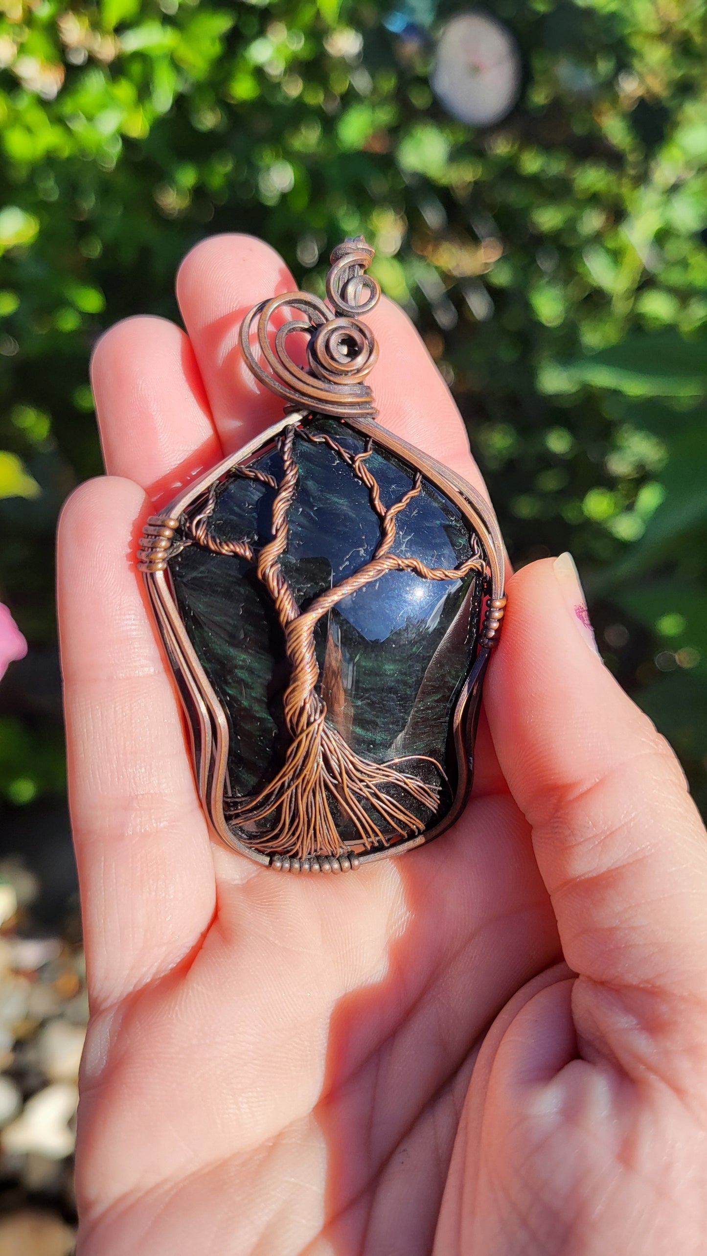 Green Velvet Obsidian Copper Tree Of Life Pendant