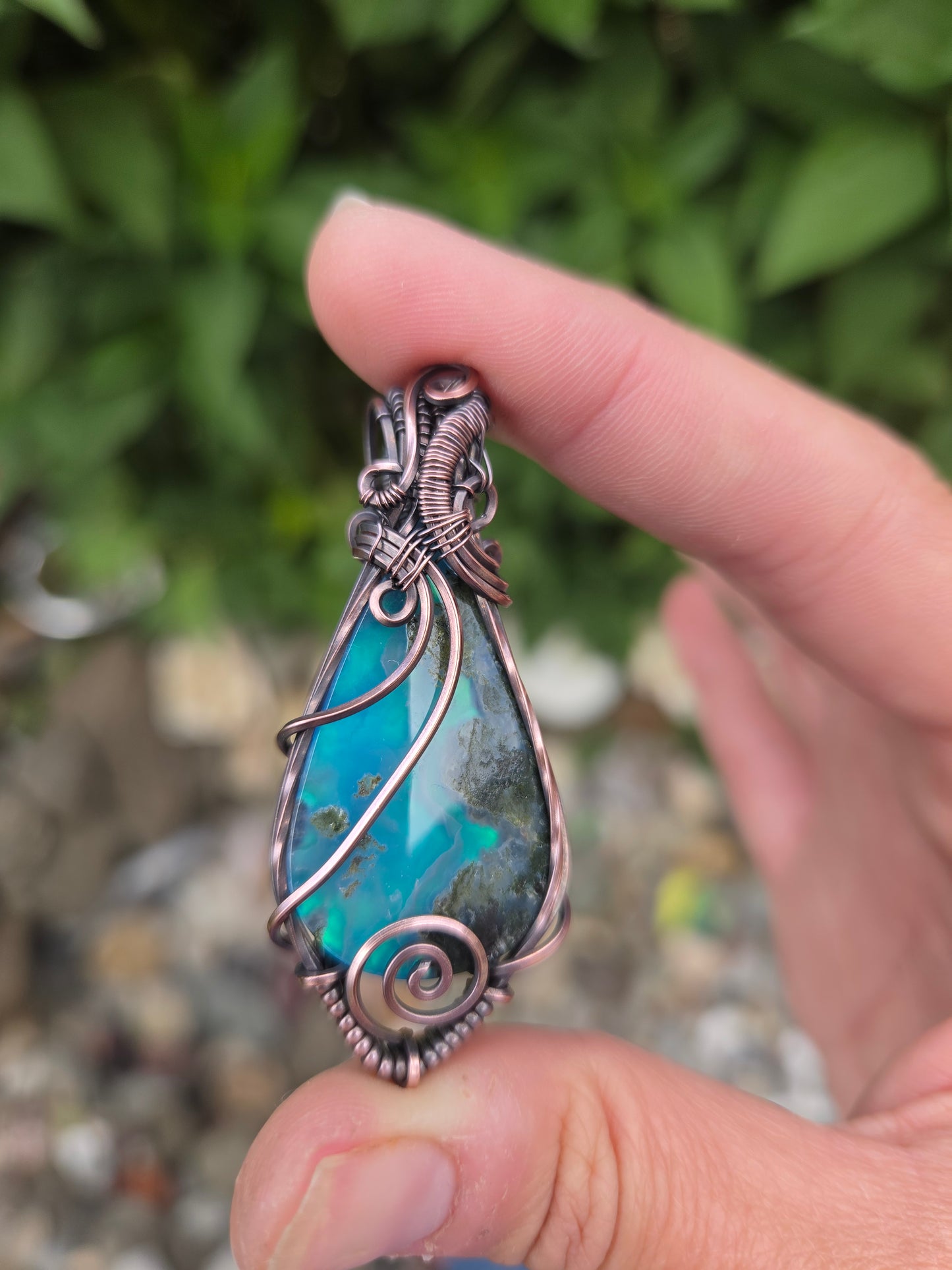 Moss Agate Aurora Opal Doublet Copper Pendant