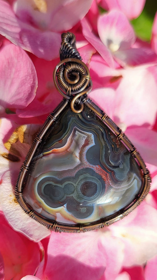 Blue Laguna Lace Agate Copper Wire Wrapped Pendant