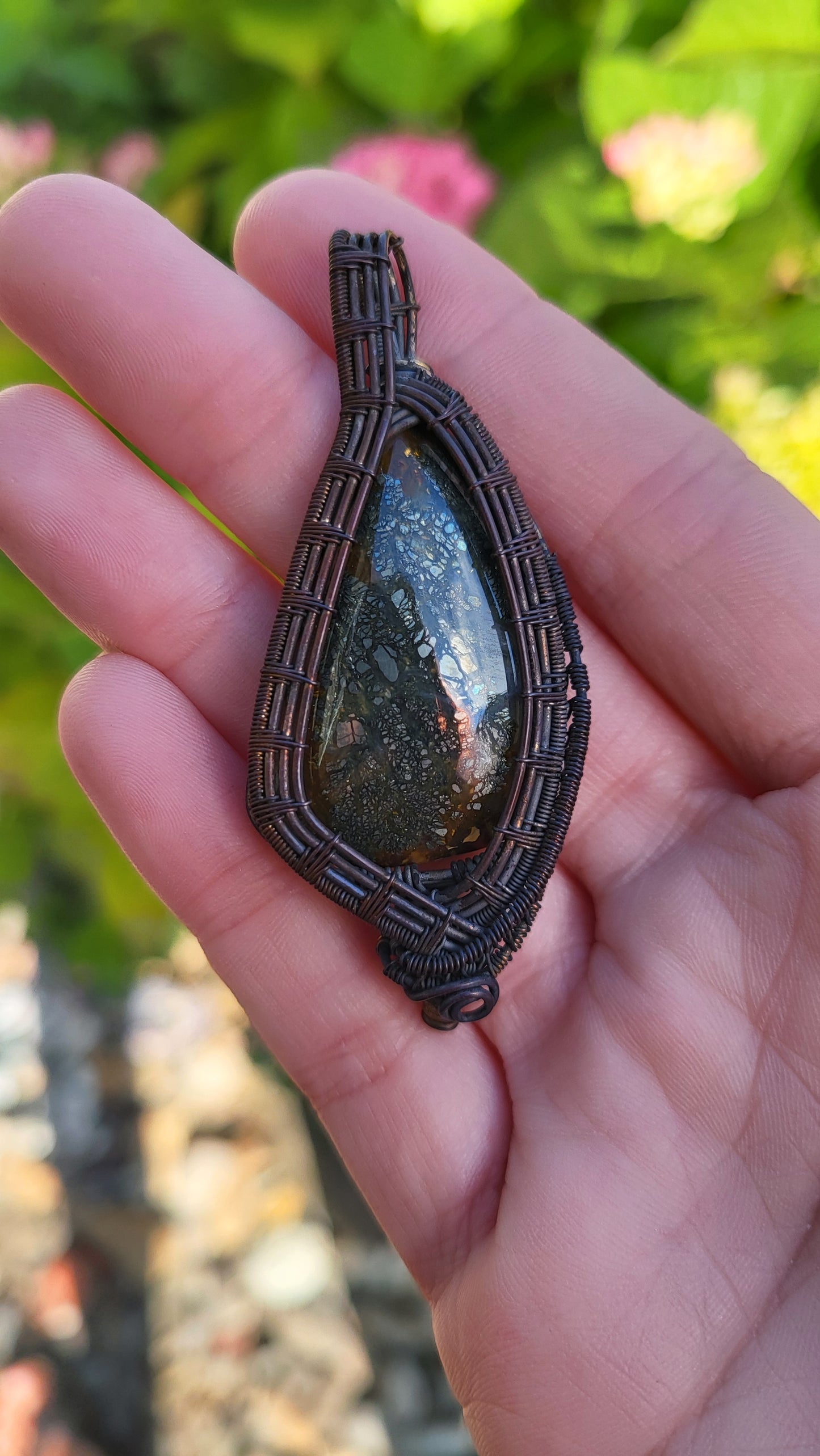 Copper Wire Wrap Marcasite Stone Pendant