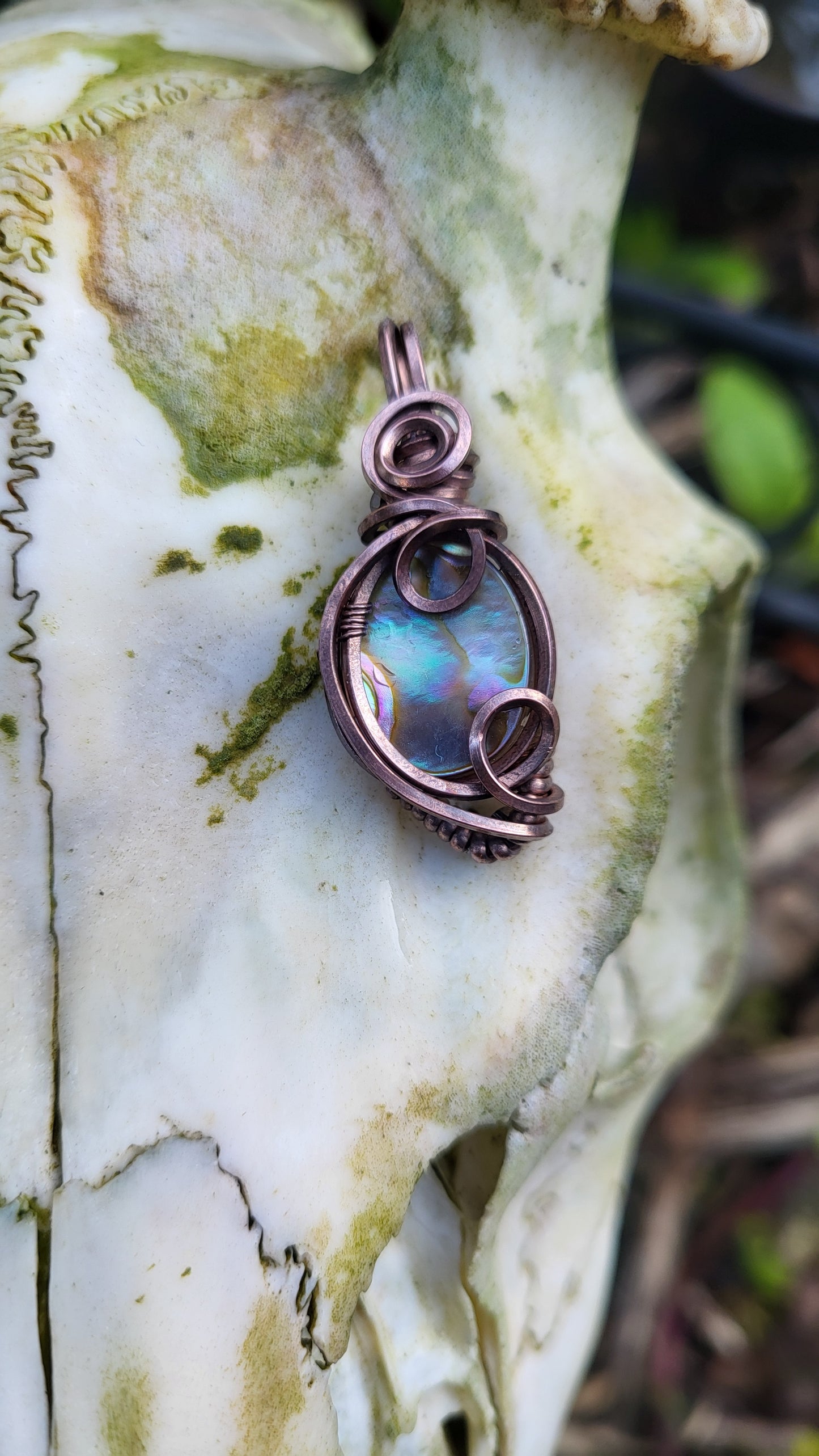 Abalone Shell Oxidized Copper Wire Wrap Pendant