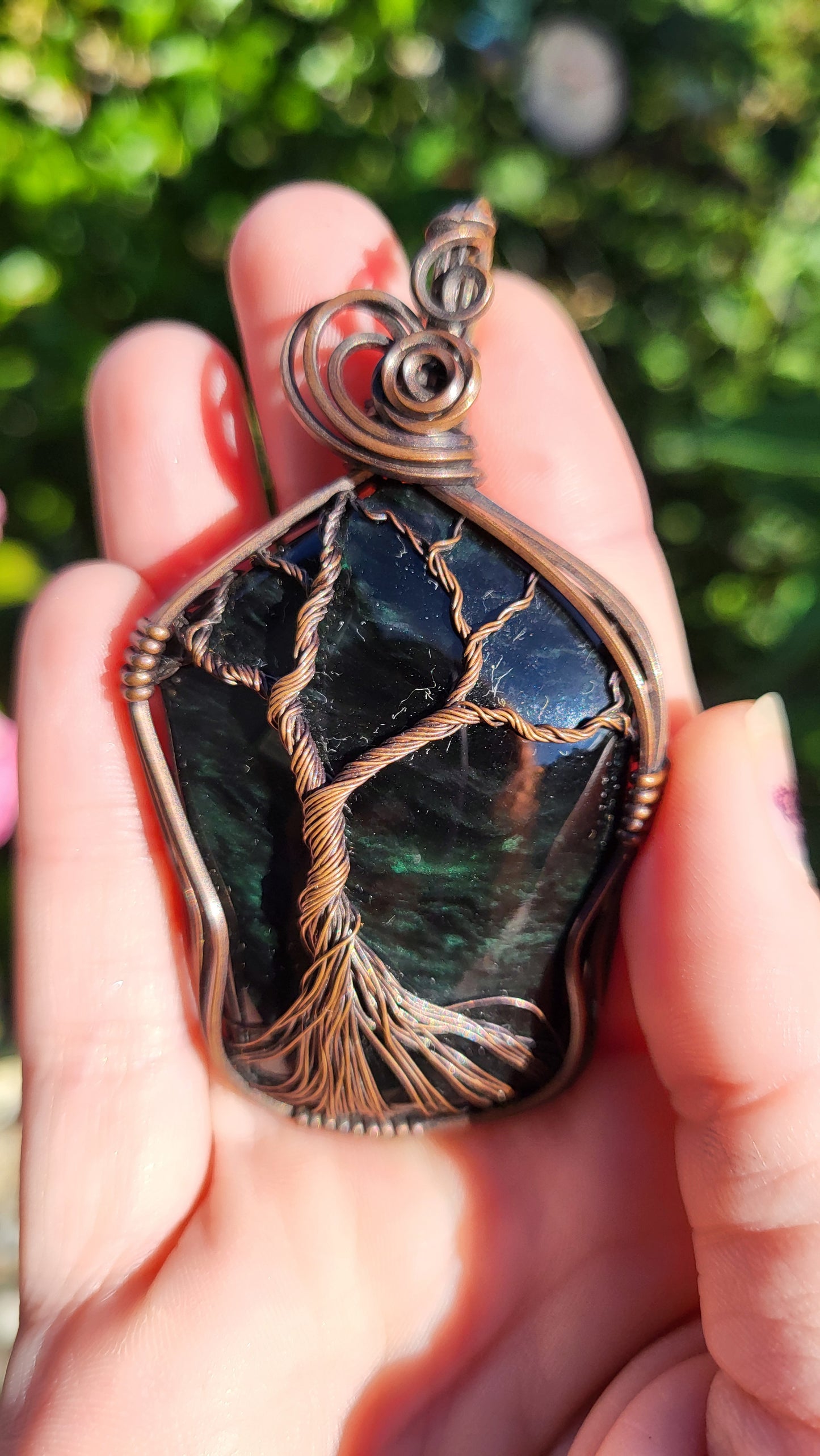 Green Velvet Obsidian Copper Tree Of Life Pendant