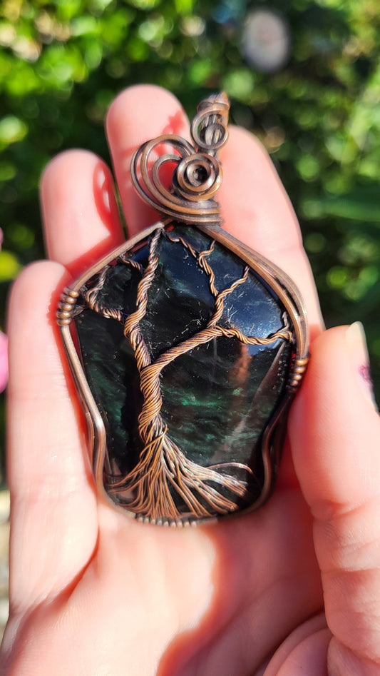 Green Velvet Obsidian Copper Tree Of Life Pendant