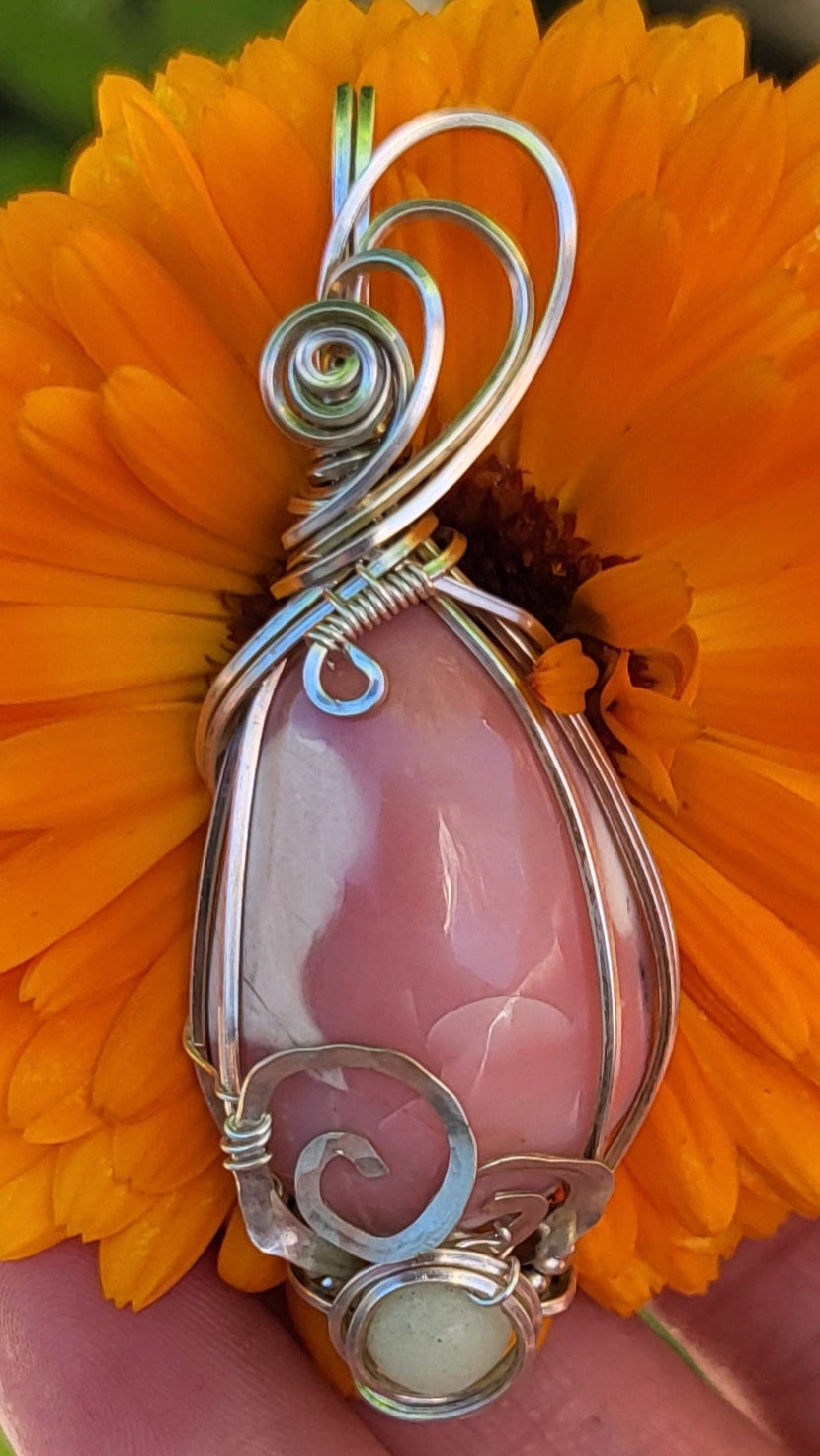 Oregon Pink Opal Glow Stone / .925 Sterling Silver Wire Wrap Pendant
