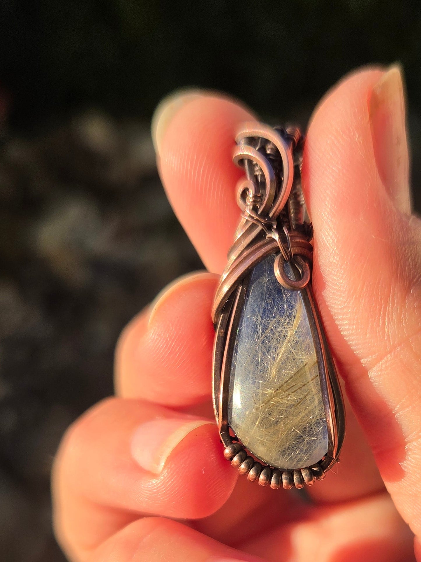 Golden Rutile / Lapis Lazuli Doublet Copper Pendant