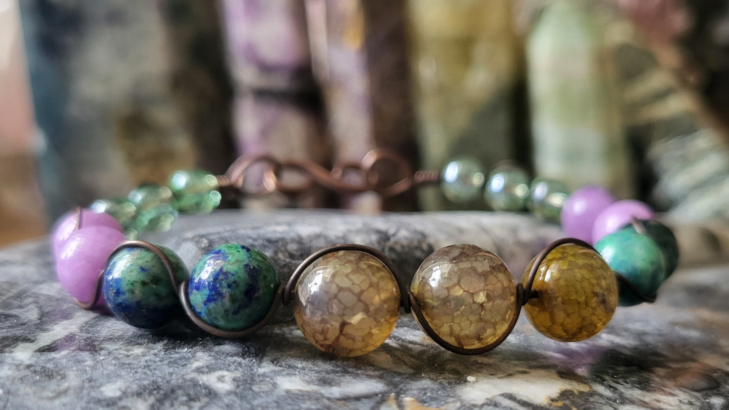 Copper Wire Wrap Stone Bead Bracelet Sz. 6.5