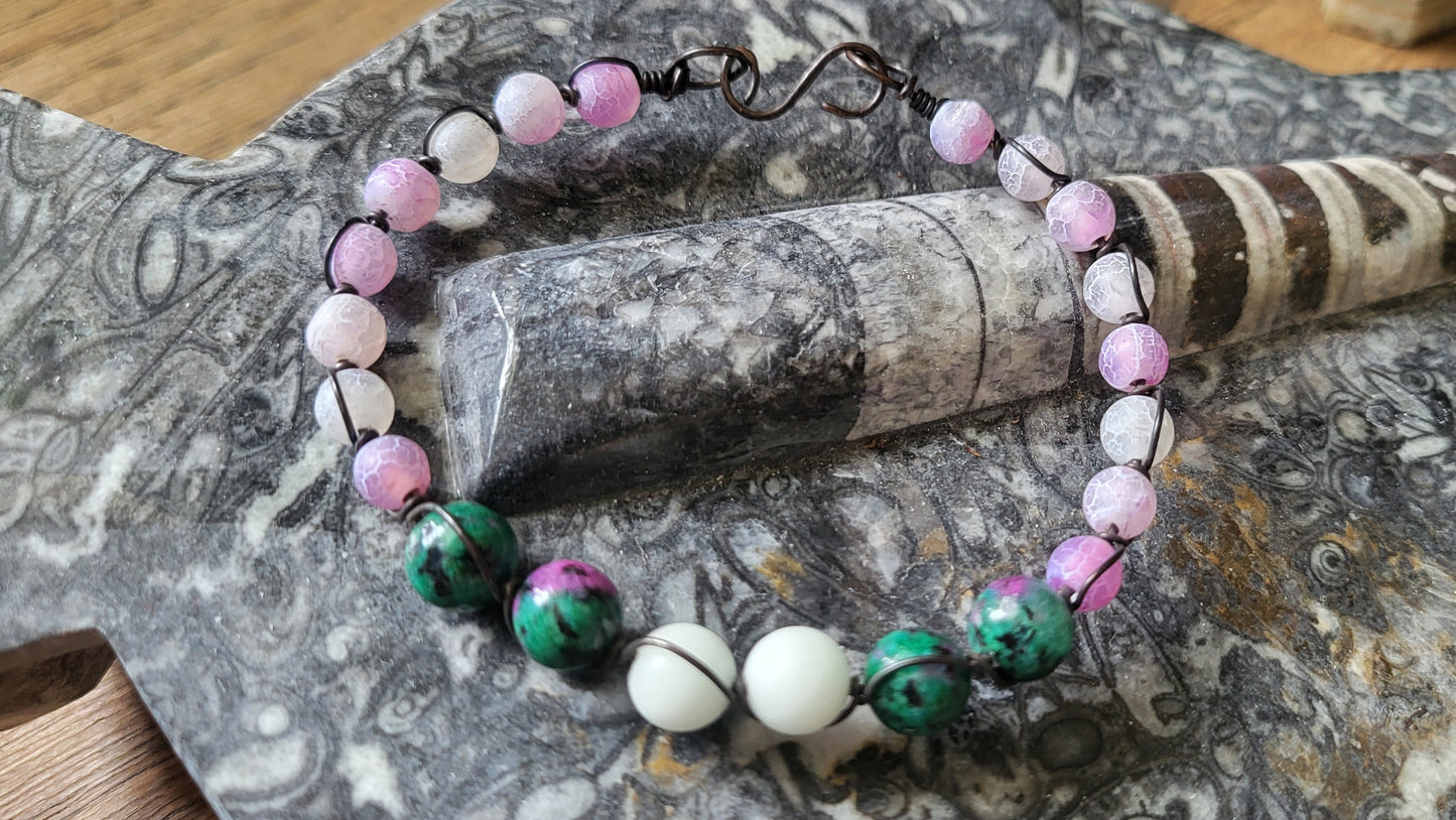 Copper Wire Wrap Stone Bead Bracelet Sz 7