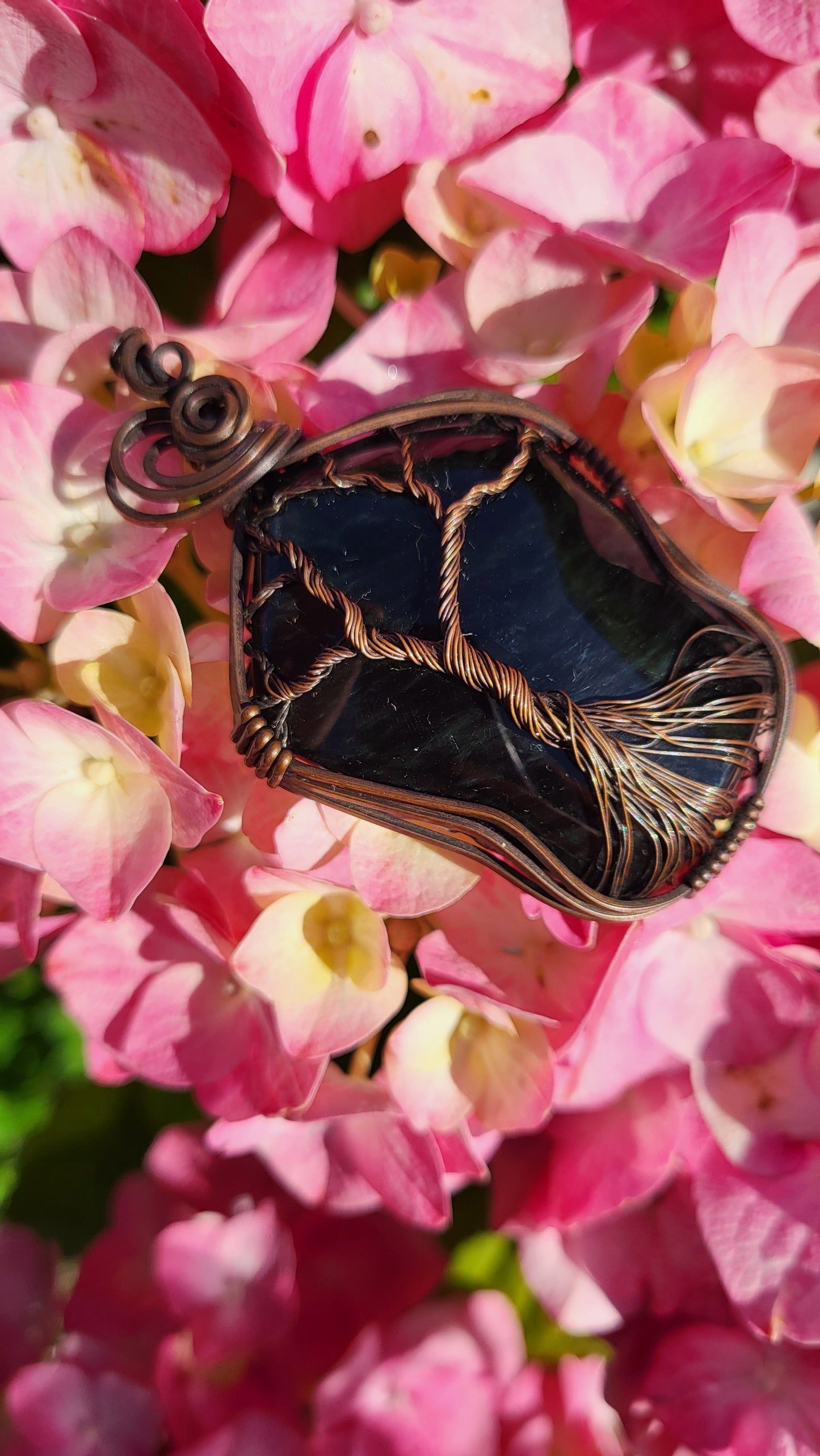 Green Velvet Obsidian Copper Tree Of Life Pendant
